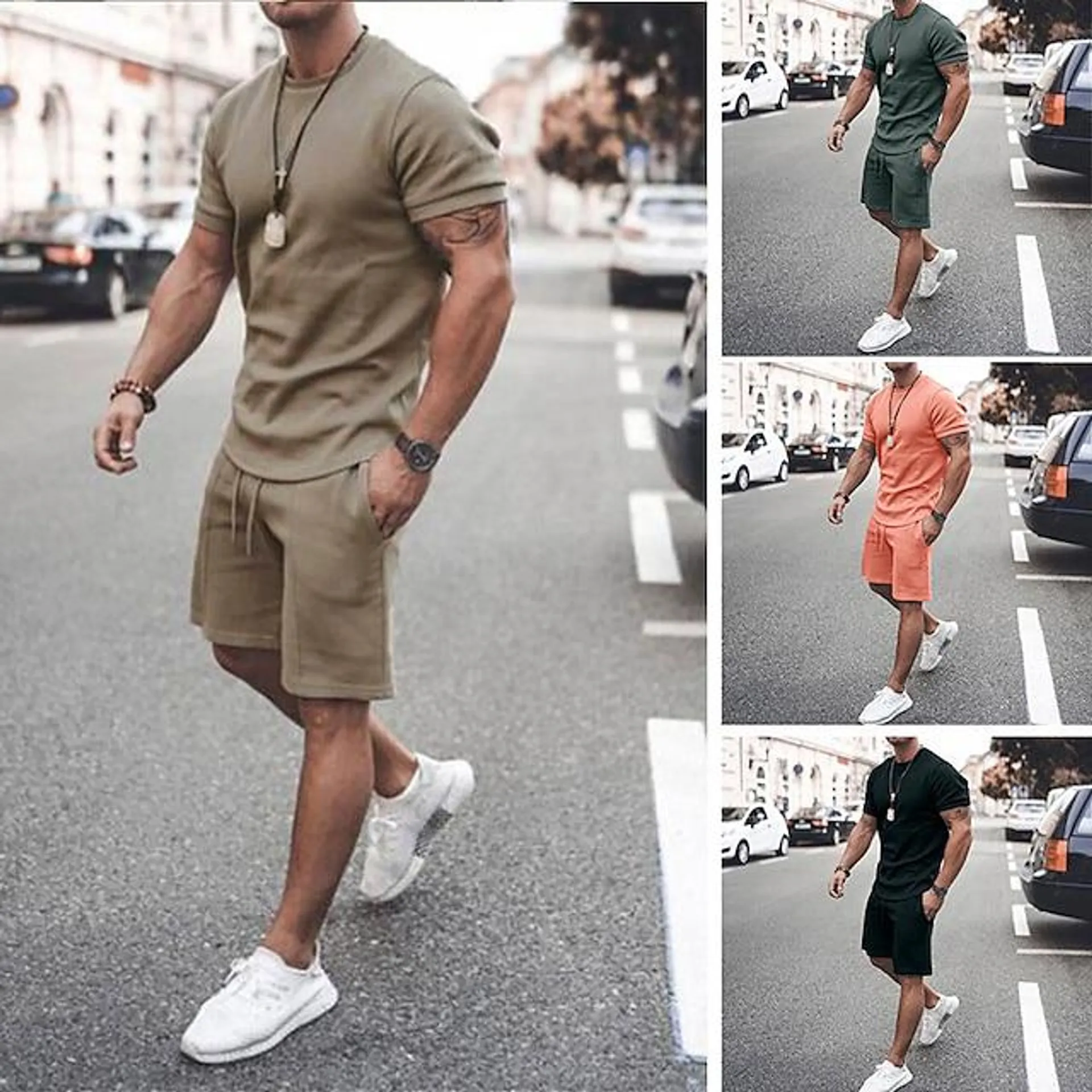 Men's T-shirt Suits Tracksuit Tennis Shirt Shorts and T Shirt Set Solid Colored Crew Neck Outdoor Street Short Sleeve Drawstring 2 Piece Clothing Apparel Sports Designer Sportswear Classic