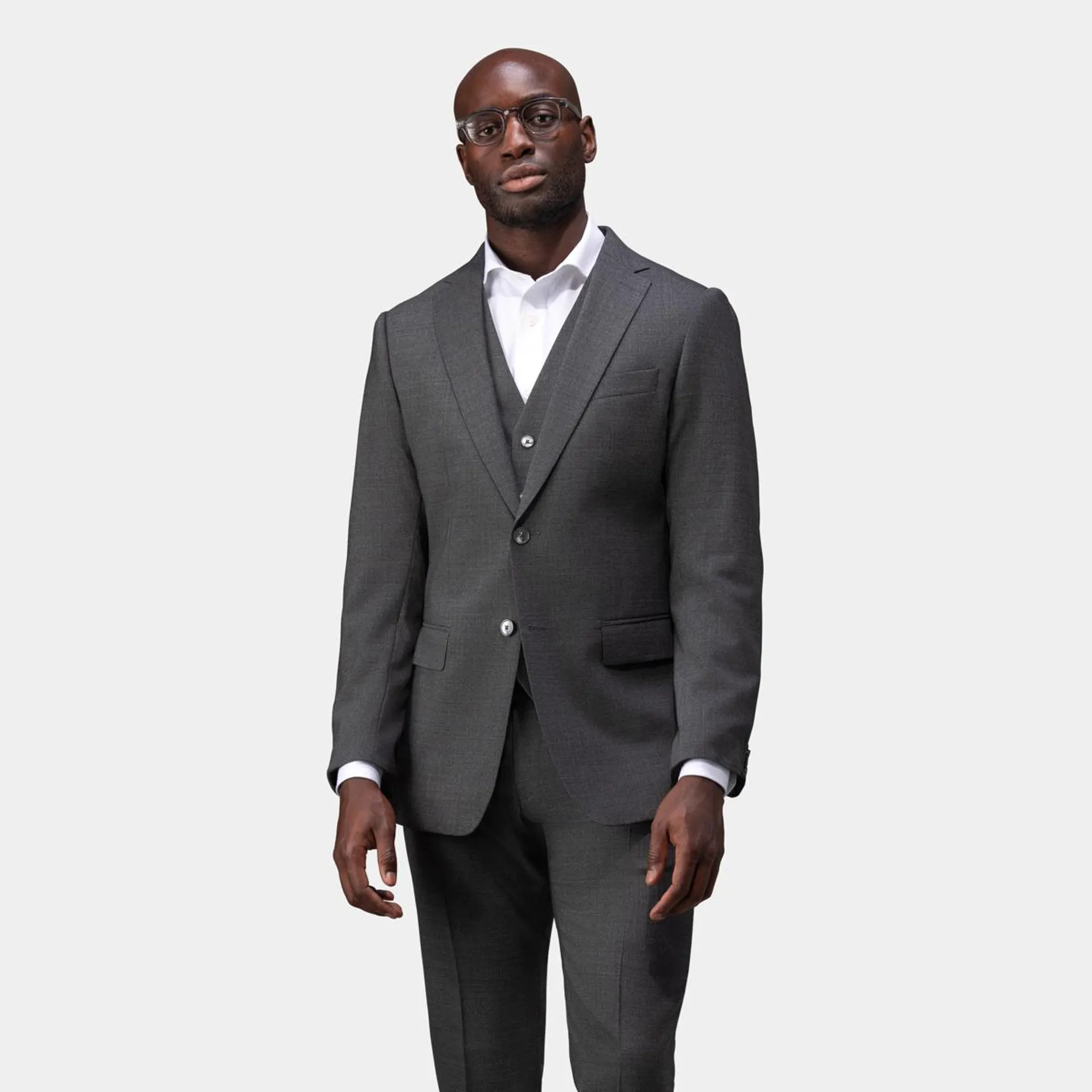 Dark gray three-piece suit