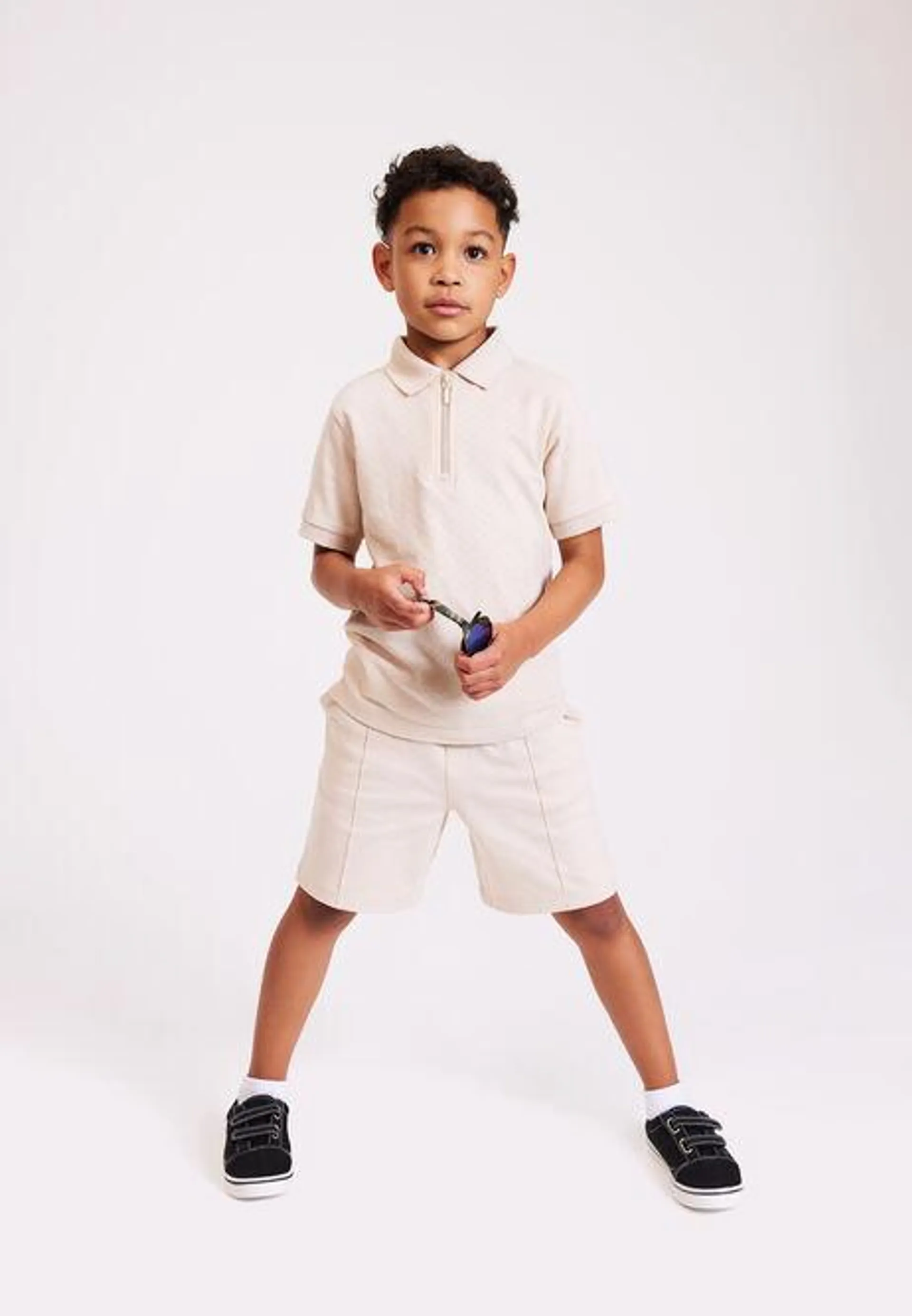 Younger Boys Plain Stone Polo Top & Shorts Set