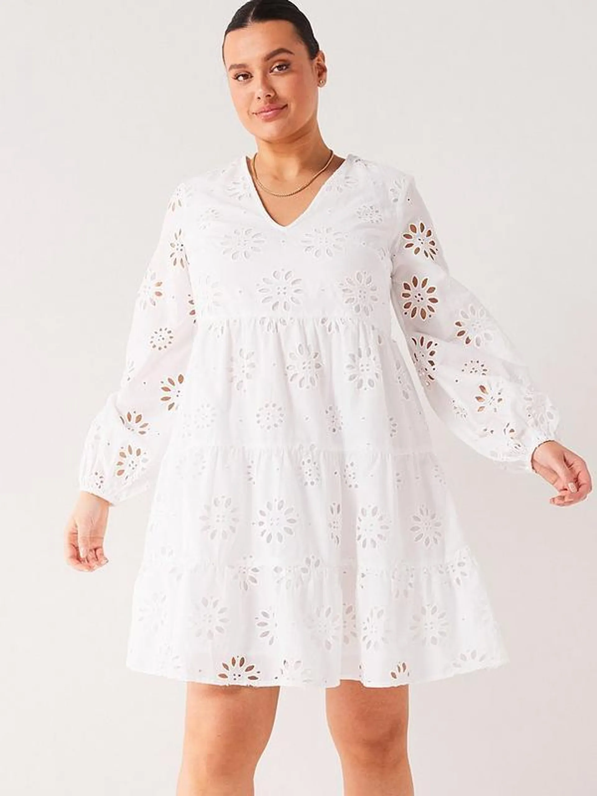 Broderie Anglaise Cotton Tiered Mini Dress - White