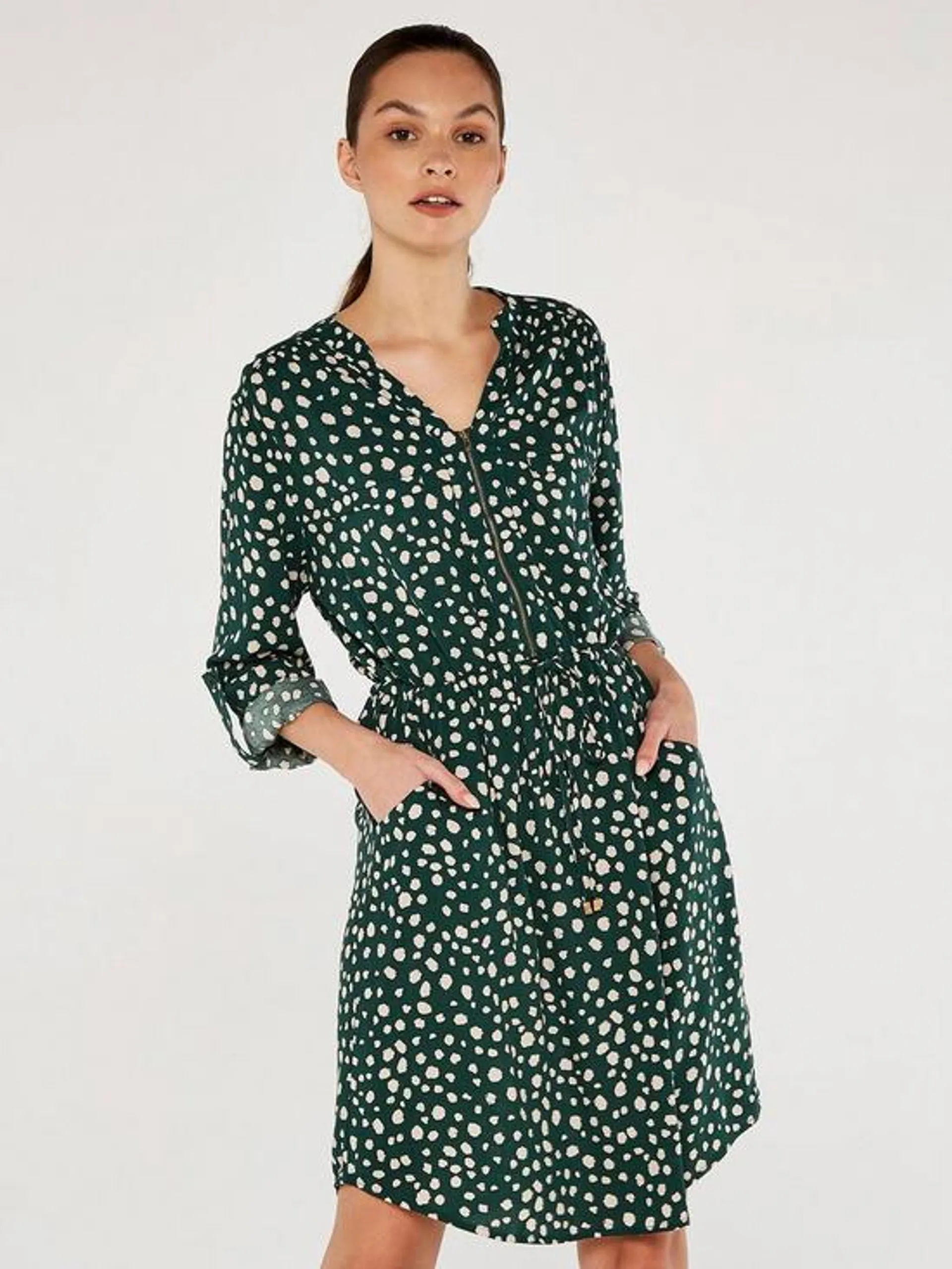 Painterly Dot 3/4 Sleeve Zip Dress - Green