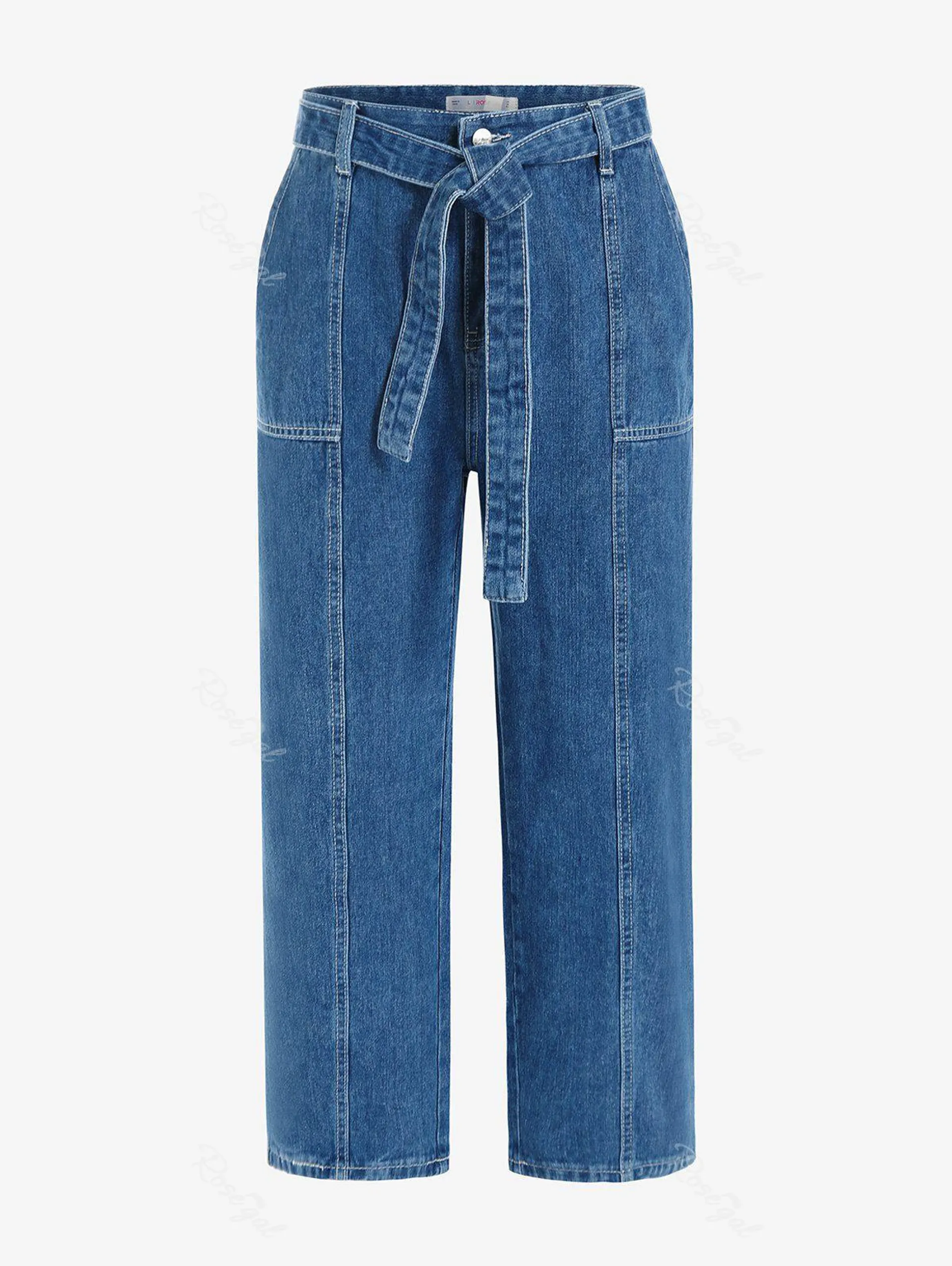 Plus Size Topstitching Belted Boyfriend Wide Leg Jeans - 4x