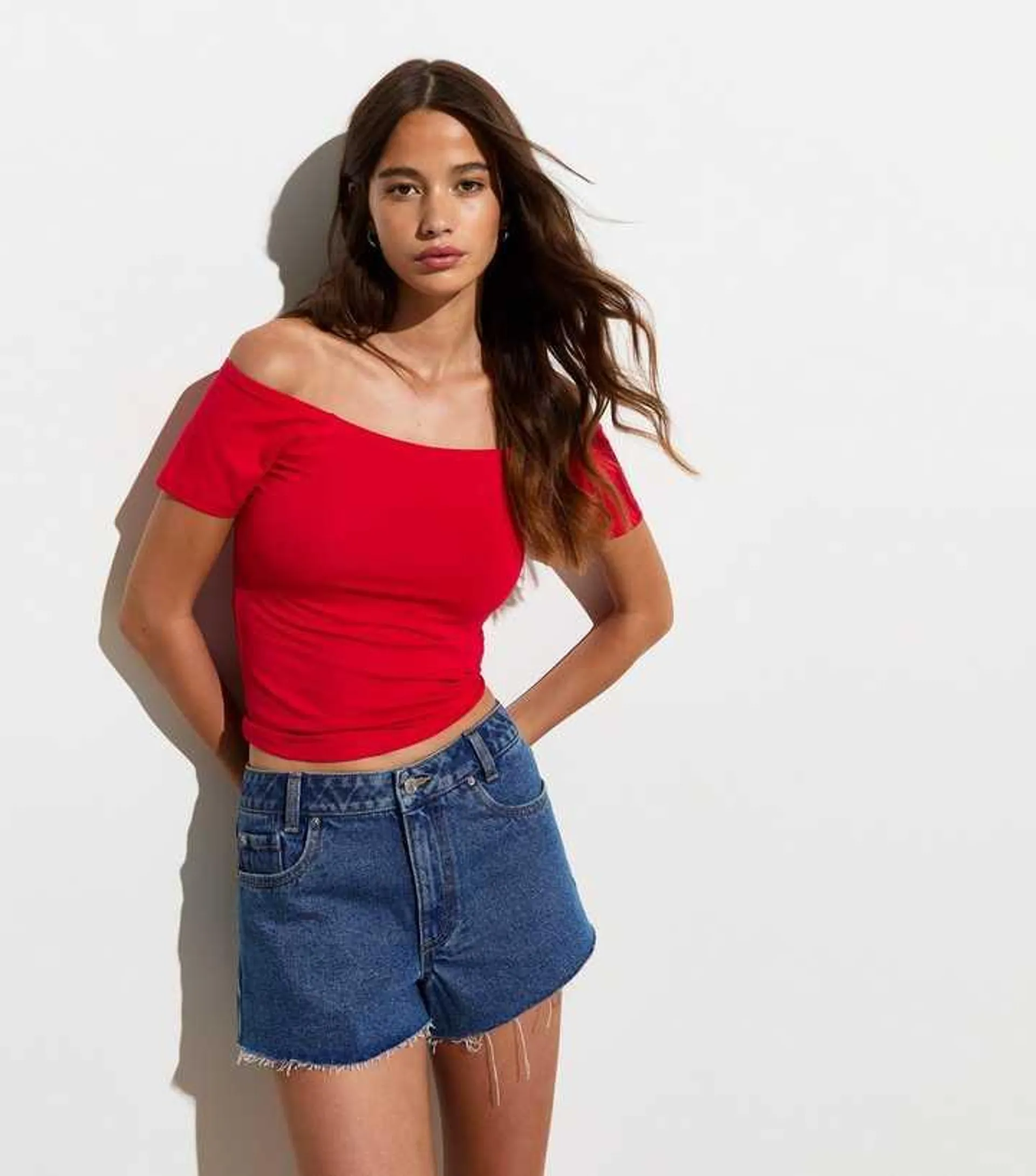 Red Stretch Cotton Bardot Top