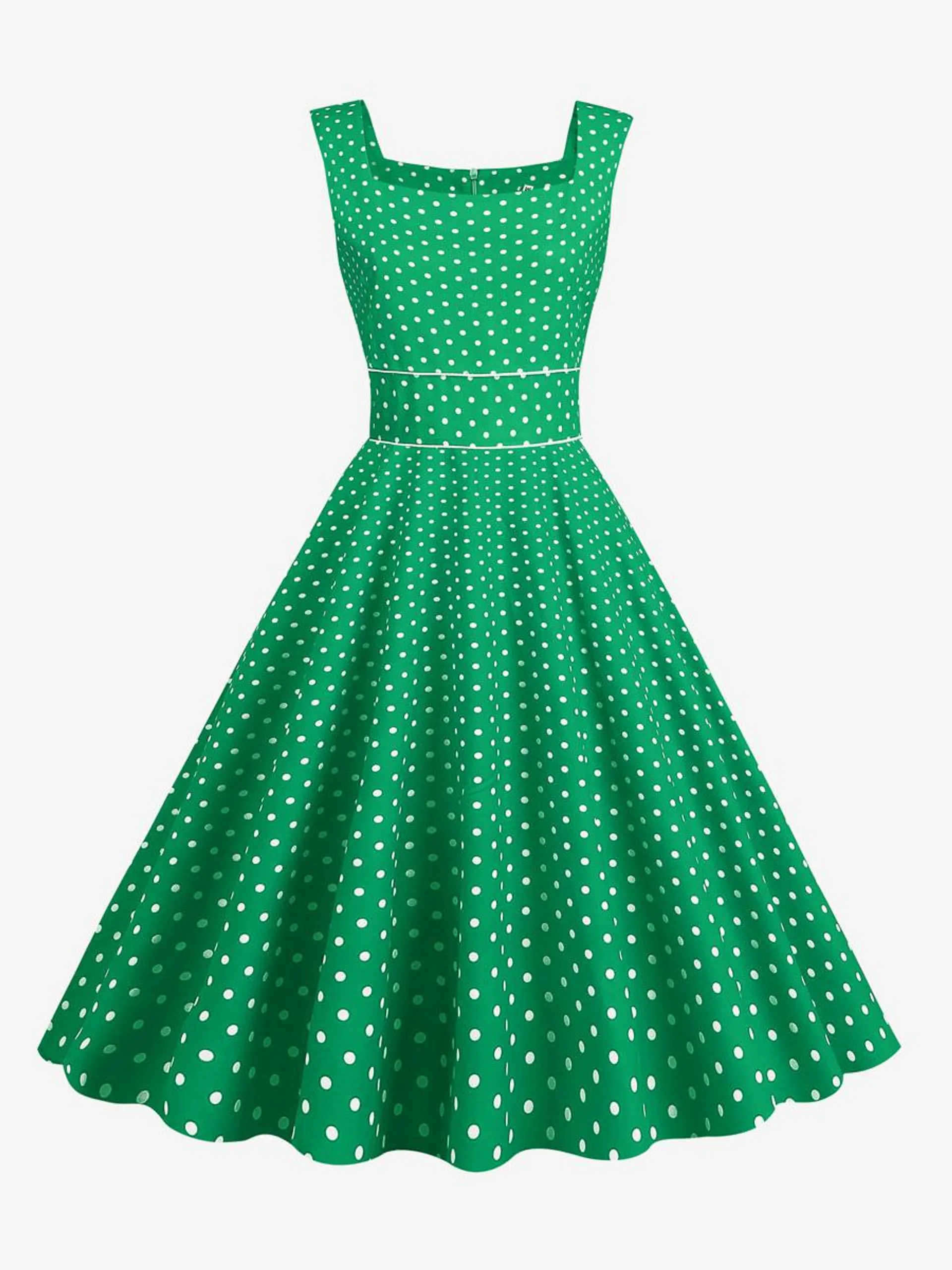 Retro Dress Green Polka Dot 1950s Audrey Hepburn Style Layered Sleeveless Square Neck Medium Rockabilly Dress