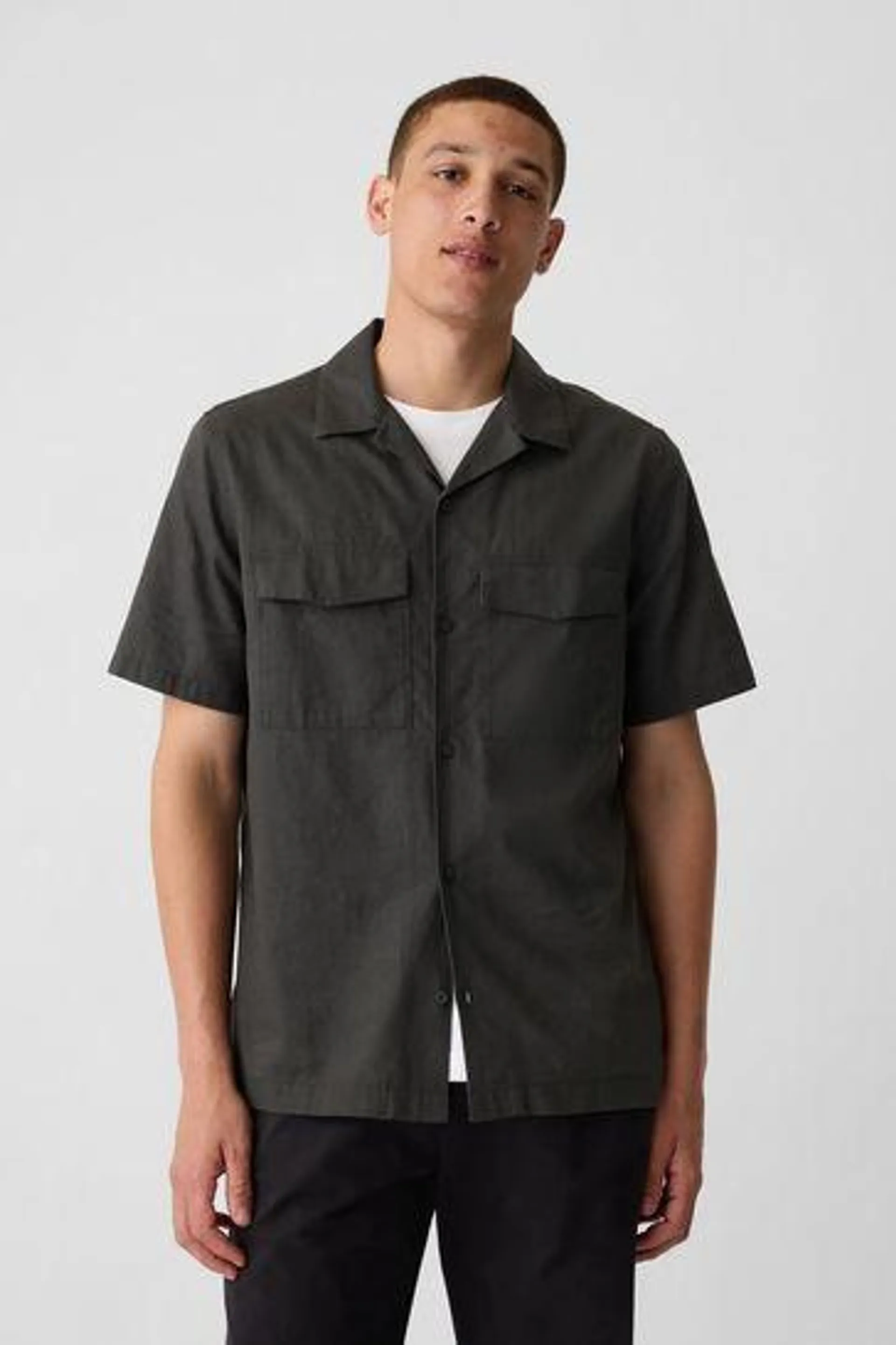 Linen Cotton Short Sleeve Utility Shirt