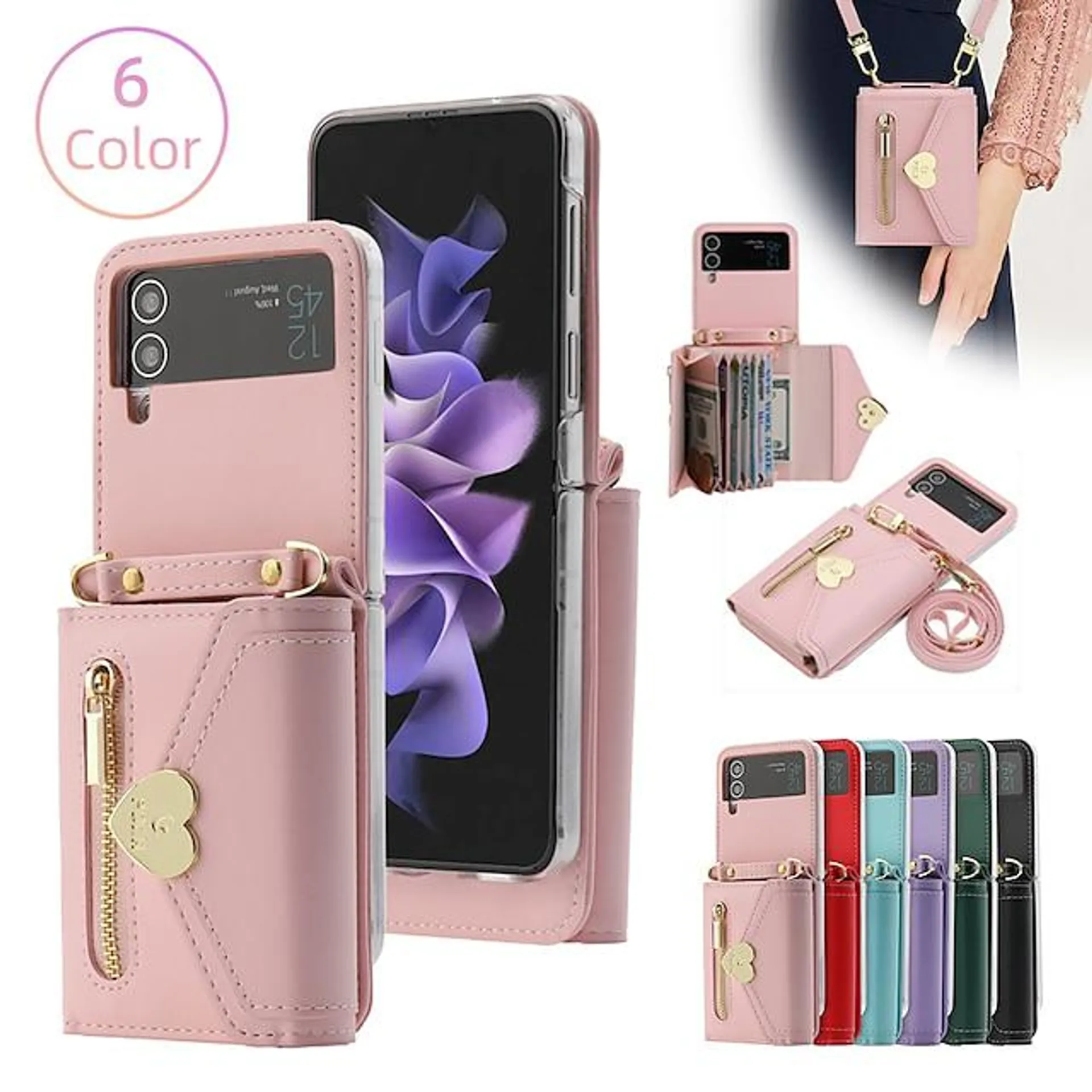 Phone Case For Samsung Galaxy Handbag Purse Wallet Case Z Flip 4 Z Flip 3 Flip Zipper with Removable Cross Body Strap Solid Colored PU Leather