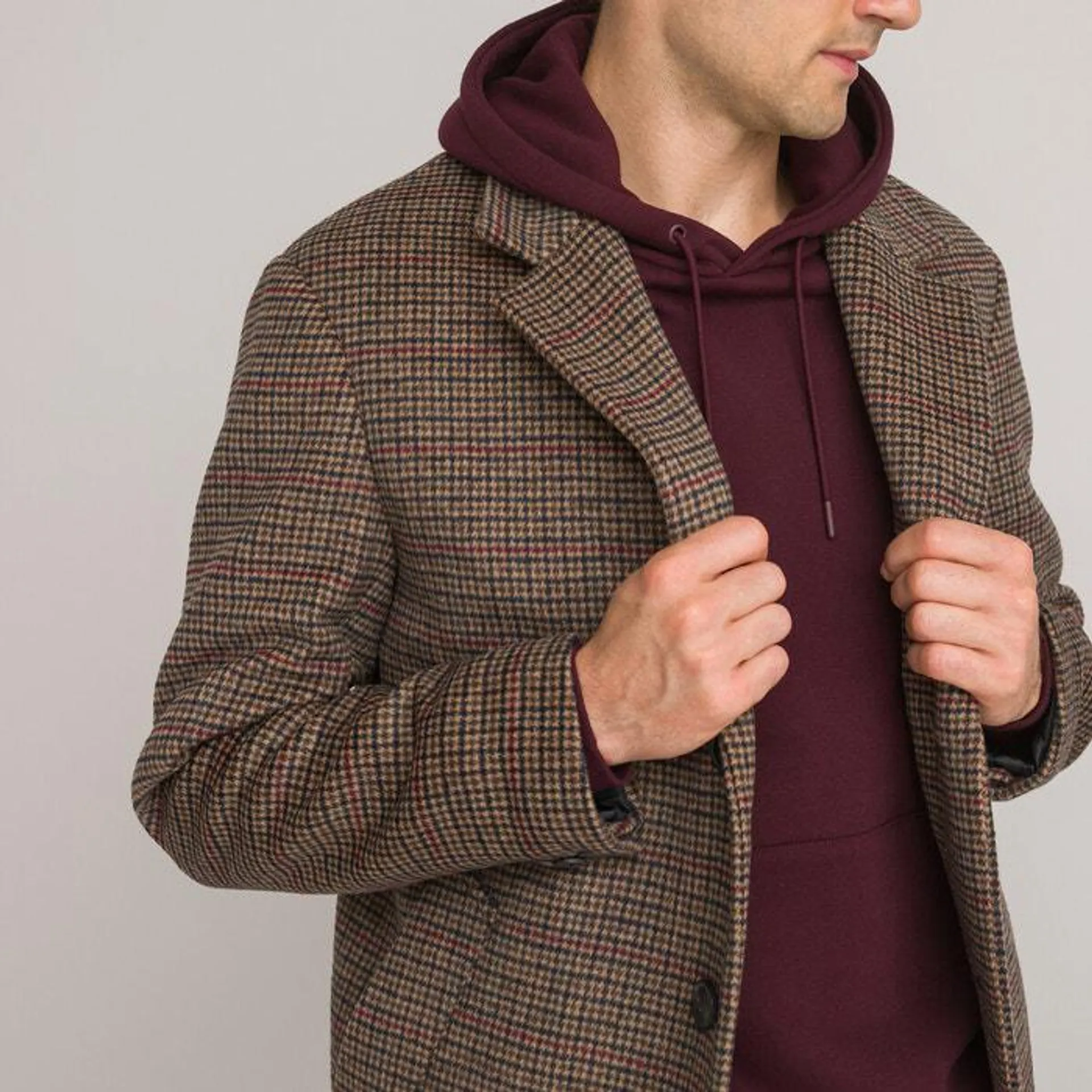 Long Checked Coat with Tailored Collar