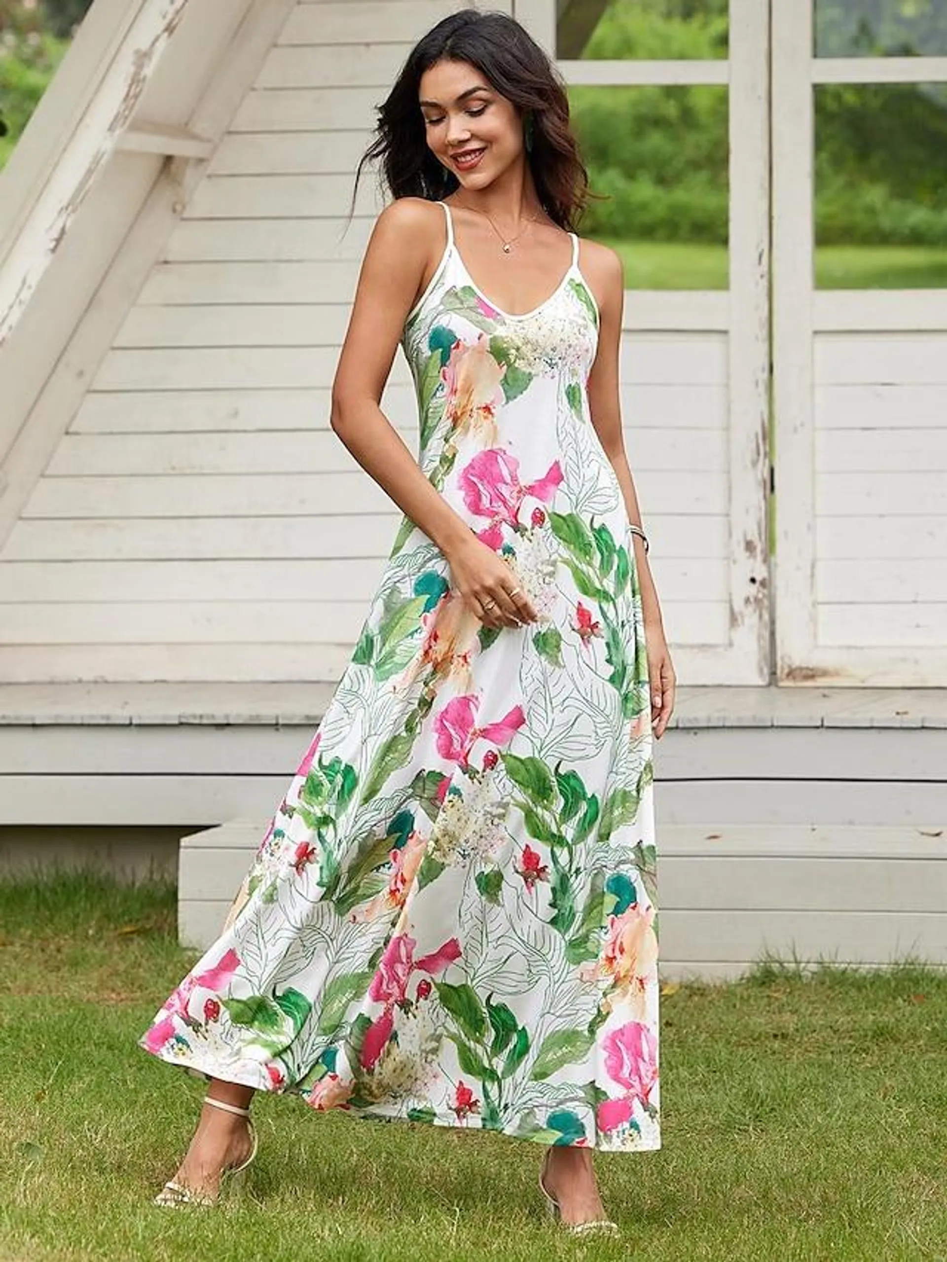 Women's Floral Print Strap Long Dress Maxi Dress Sleeveless Summer