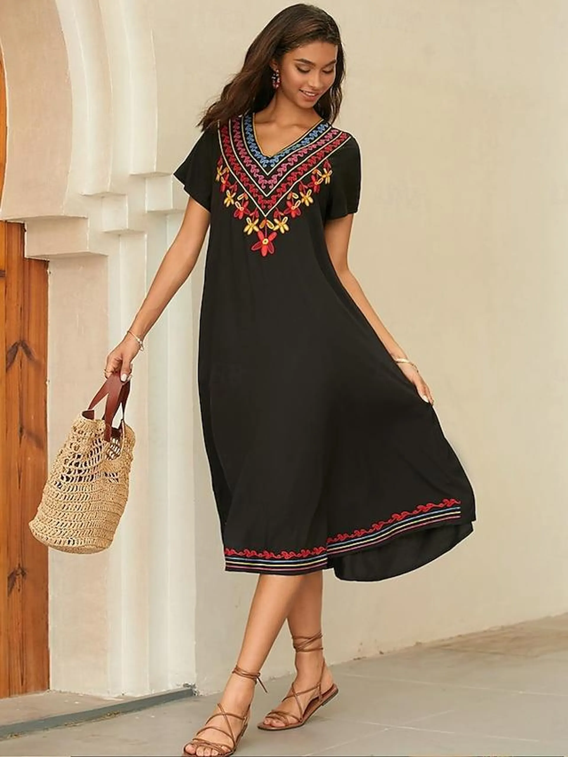 Women's Embroidered Black Dress Midi Dress Floral V Neck Short Sleeve Summer Spring Black