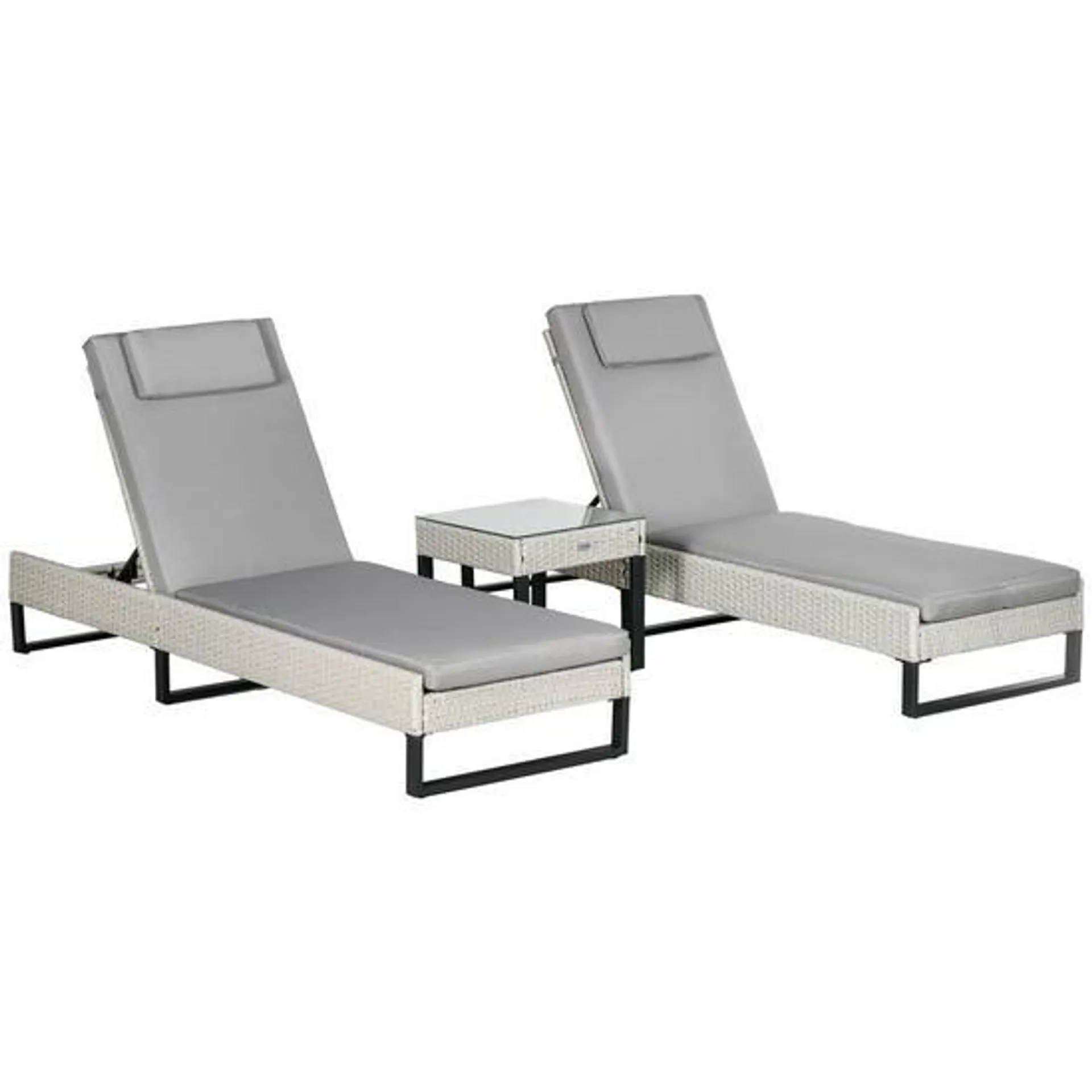 3 PCs Rattan Sun Lounger Set w/ Cushions, 5-Level Chaise Lounge Chair Set, Grey