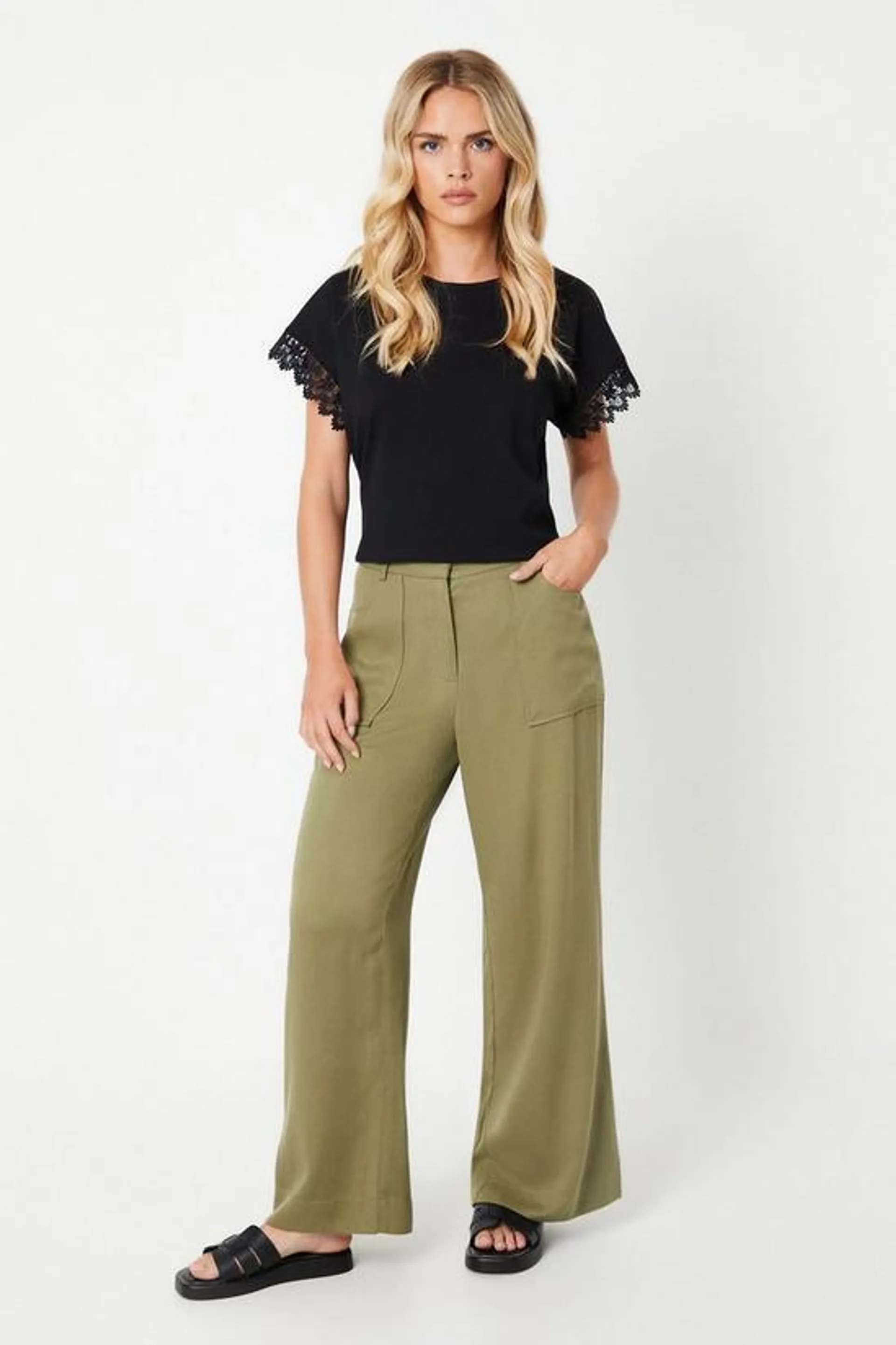 Petite Top Stitch Patch Pocket Wide Leg Trouser