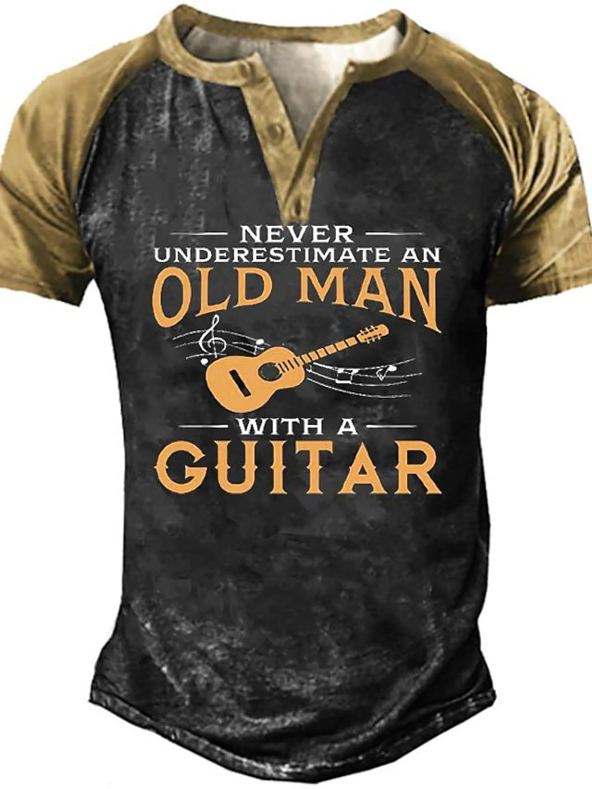 Men's T shirt Tee Henley Shirt Tee Graphic Color Block Guitar Henley Green Brown Black 3D Print Casual Daily Short Sleeve Button-Down Print Clothing Apparel Vintage Sports Fashion Big and Tall