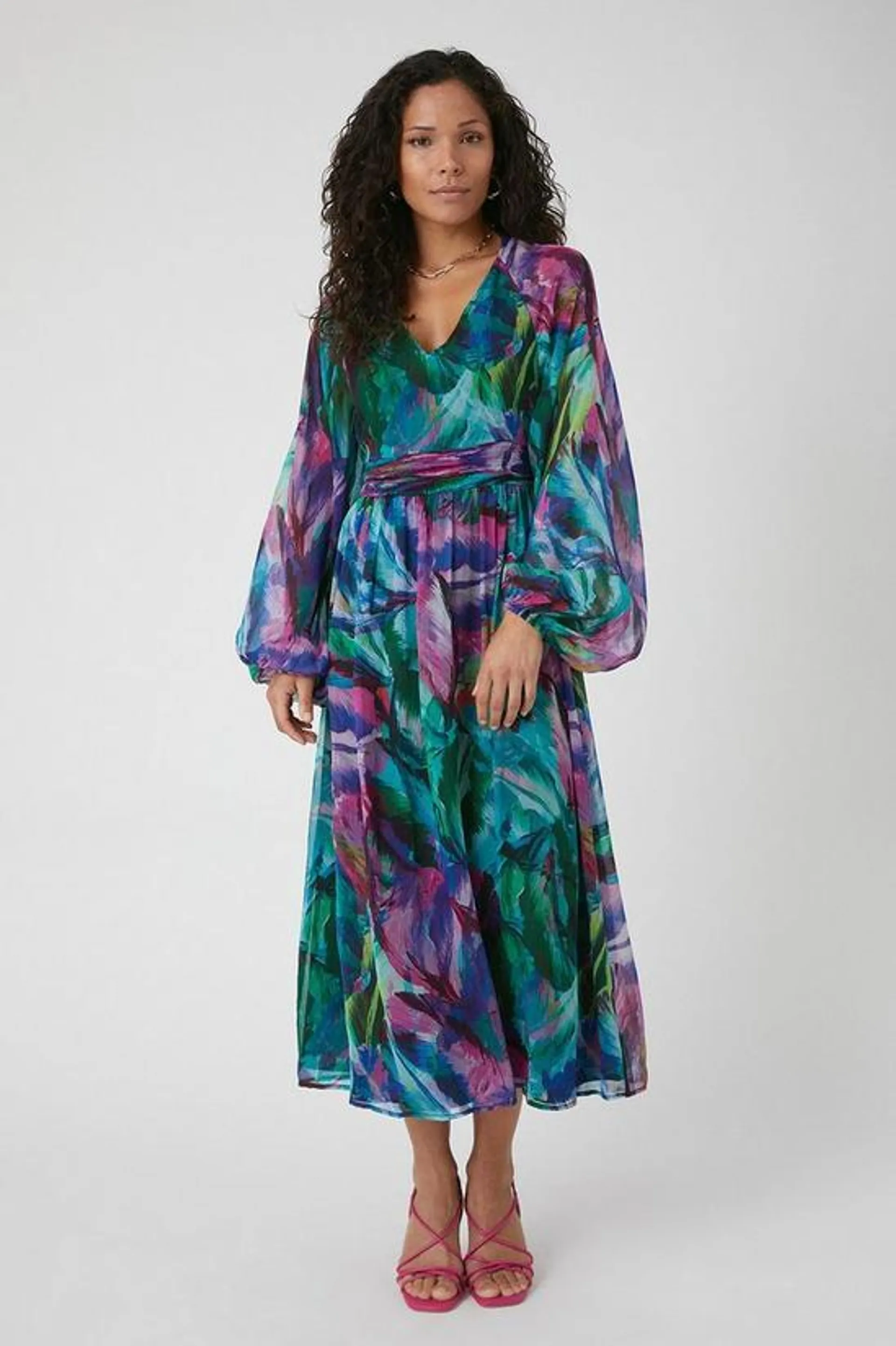 Petite Palm Print Balloon Sleeve Midaxi Dress