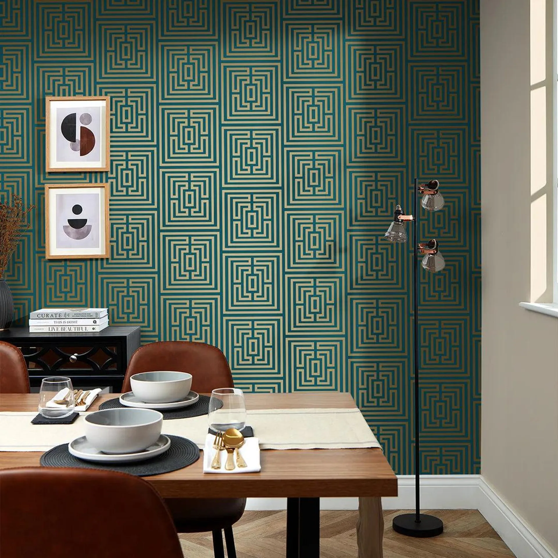 Maze Geometric Wallpaper in rich Teal and Gold
