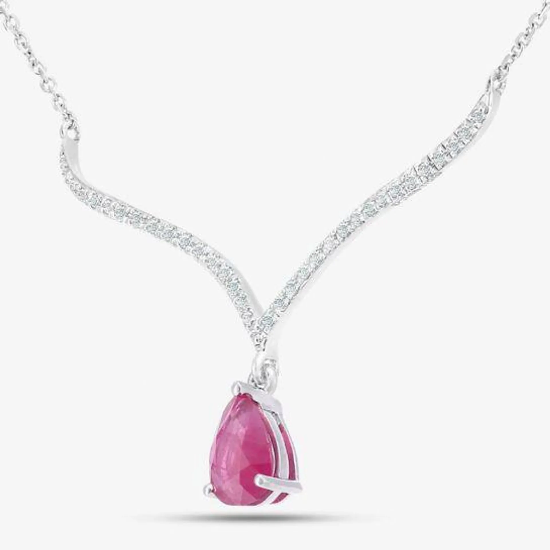 9ct White Gold Pear Shaped Ruby & 0.10ct Diamond Set Wishbone Necklace DP1613WRU