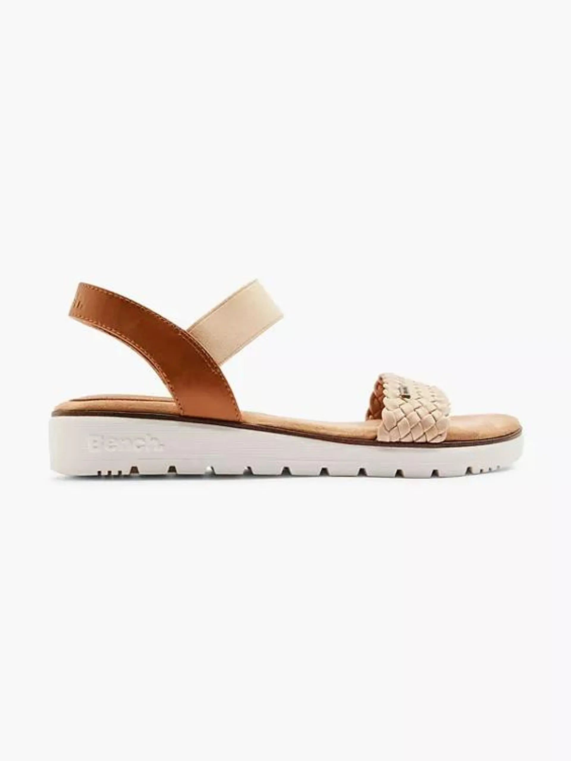 Beige and Tan Bench Sandal with Woven Strap