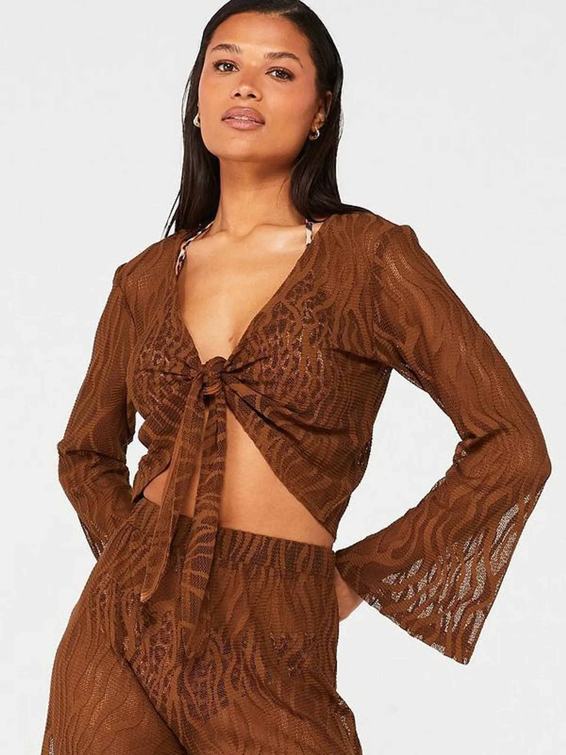 Tie Front Beach Front Top - Brown