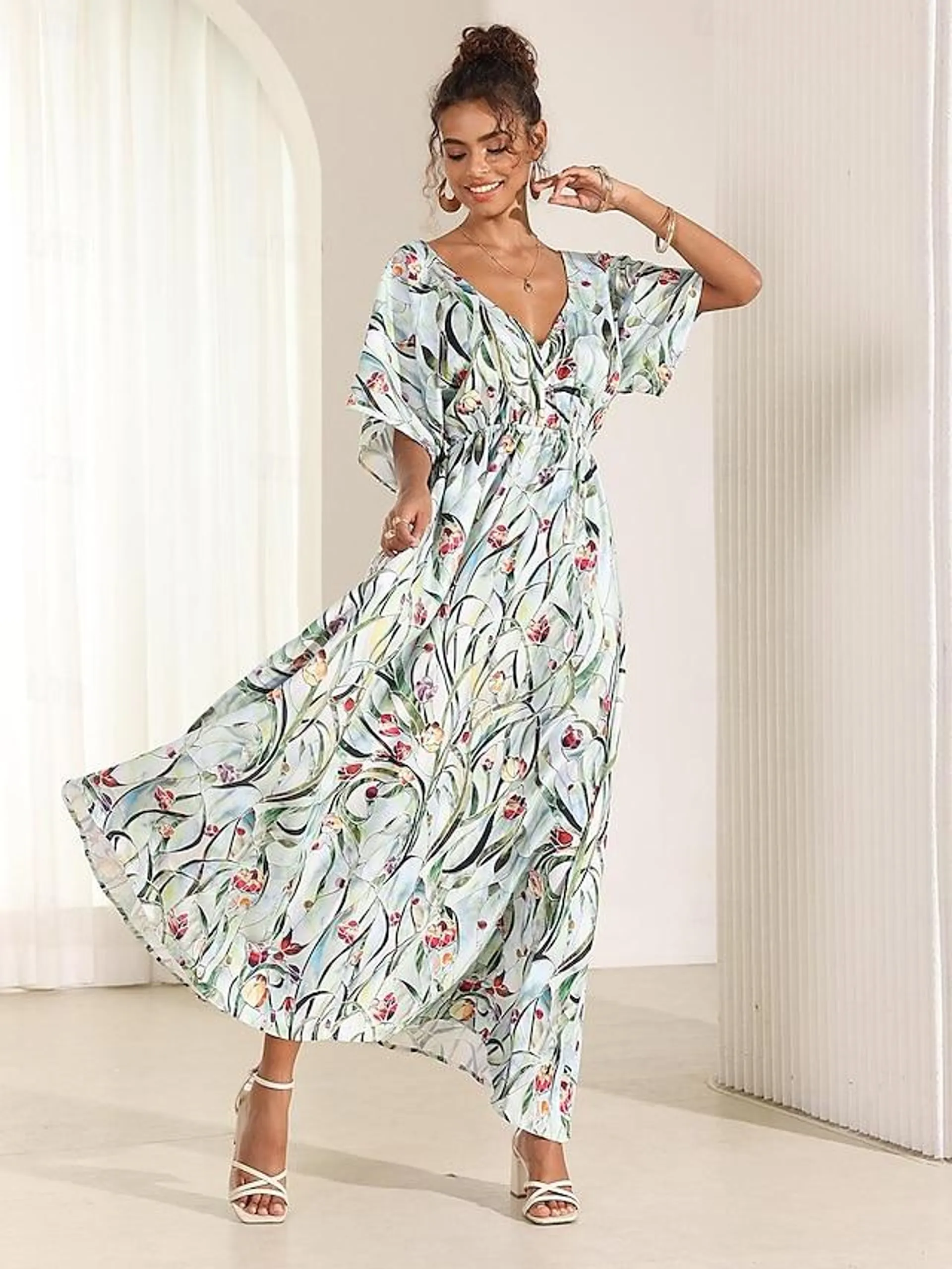 Women's Floral V Neck Flutter Sleeve Midi Dress Short Sleeve Summer