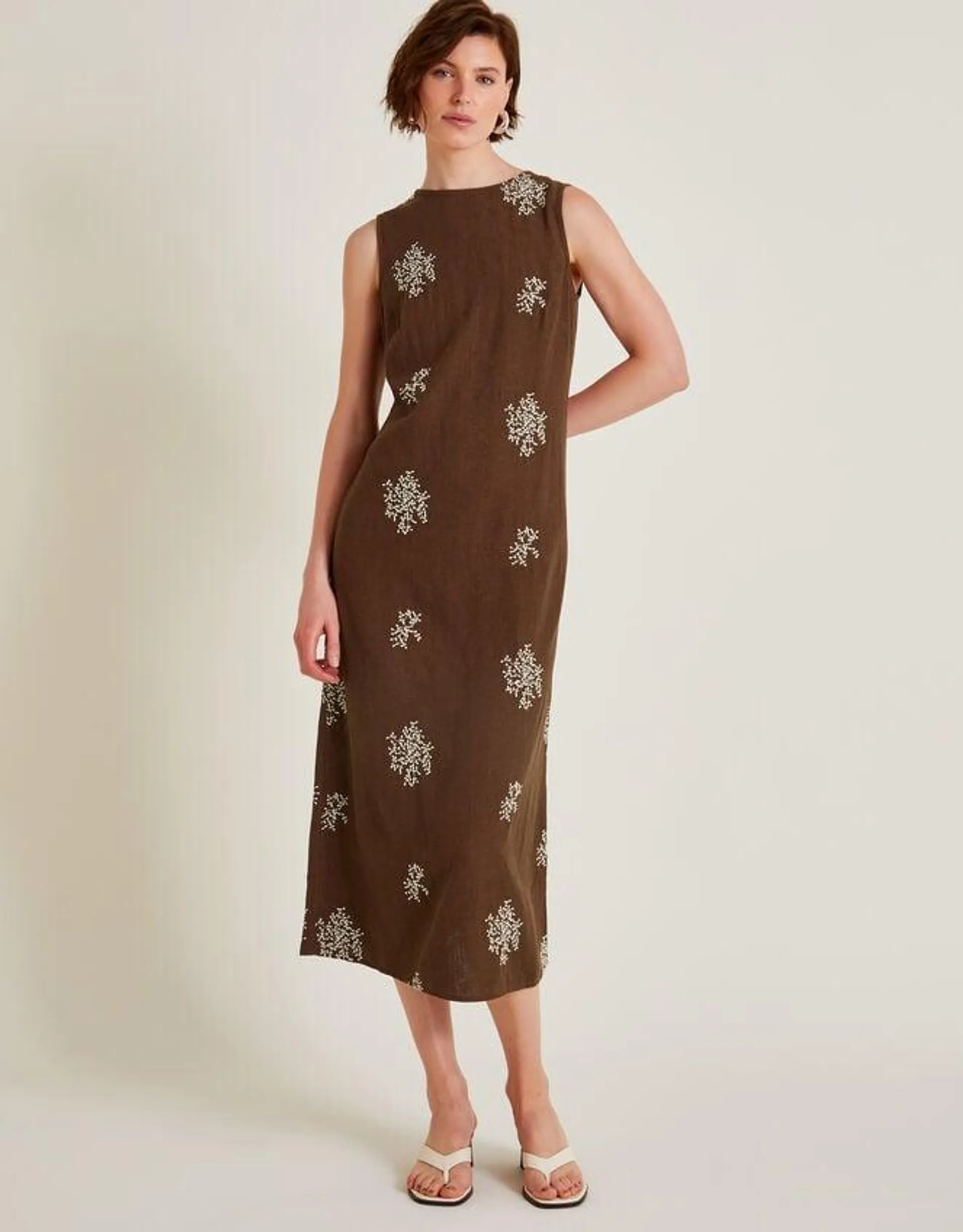 Aria Embroidered Linen Blend Dress Brown