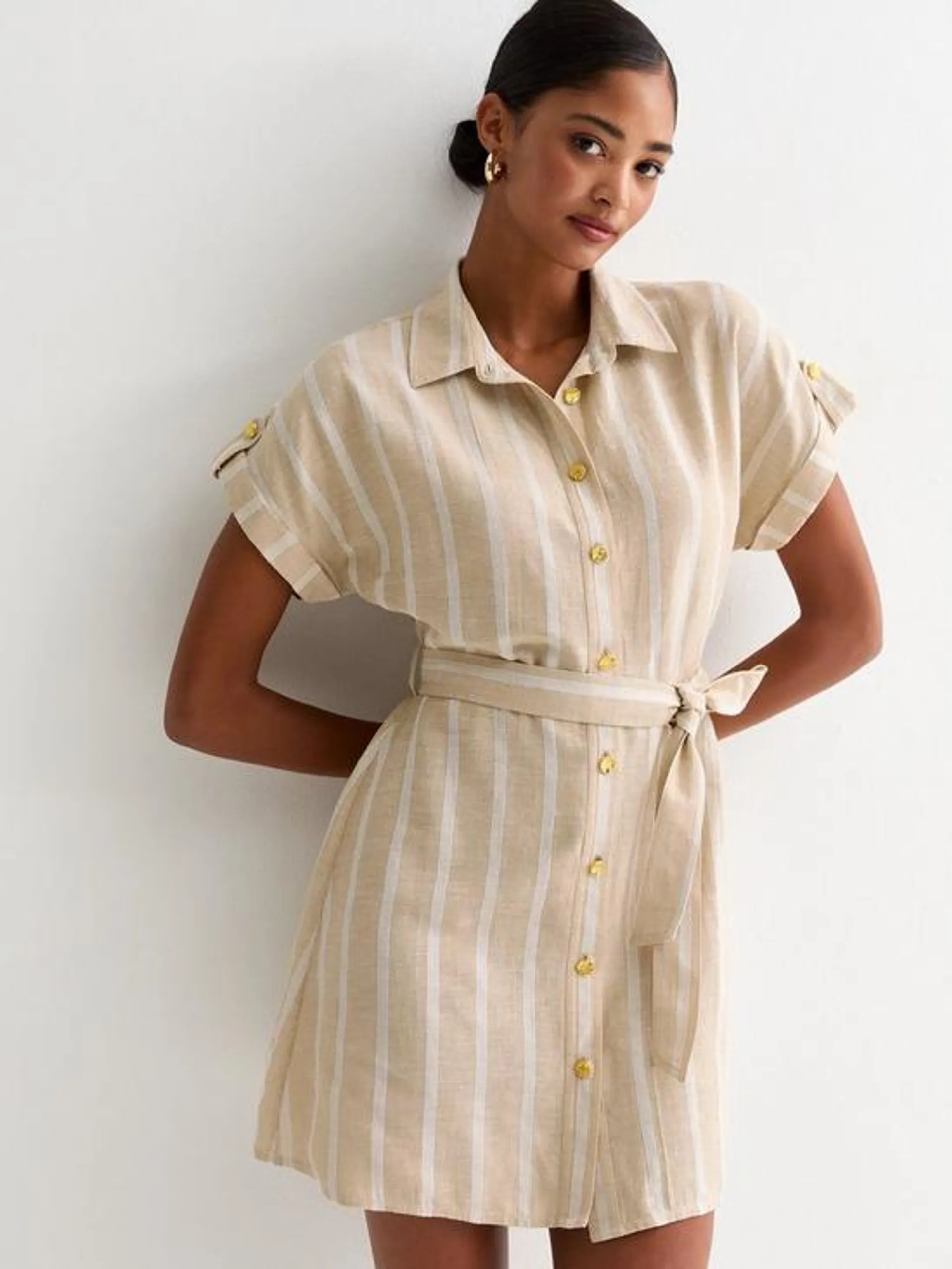 Brown Stripe Pattern Utility Belted Shirt Mini Dress