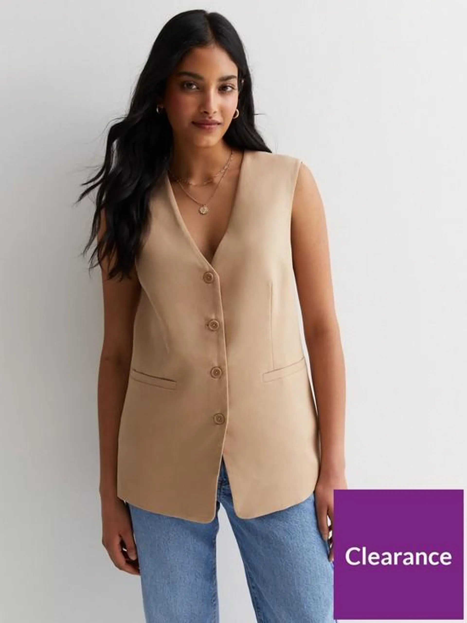 Stone Linen Blend Longline Waistcoat