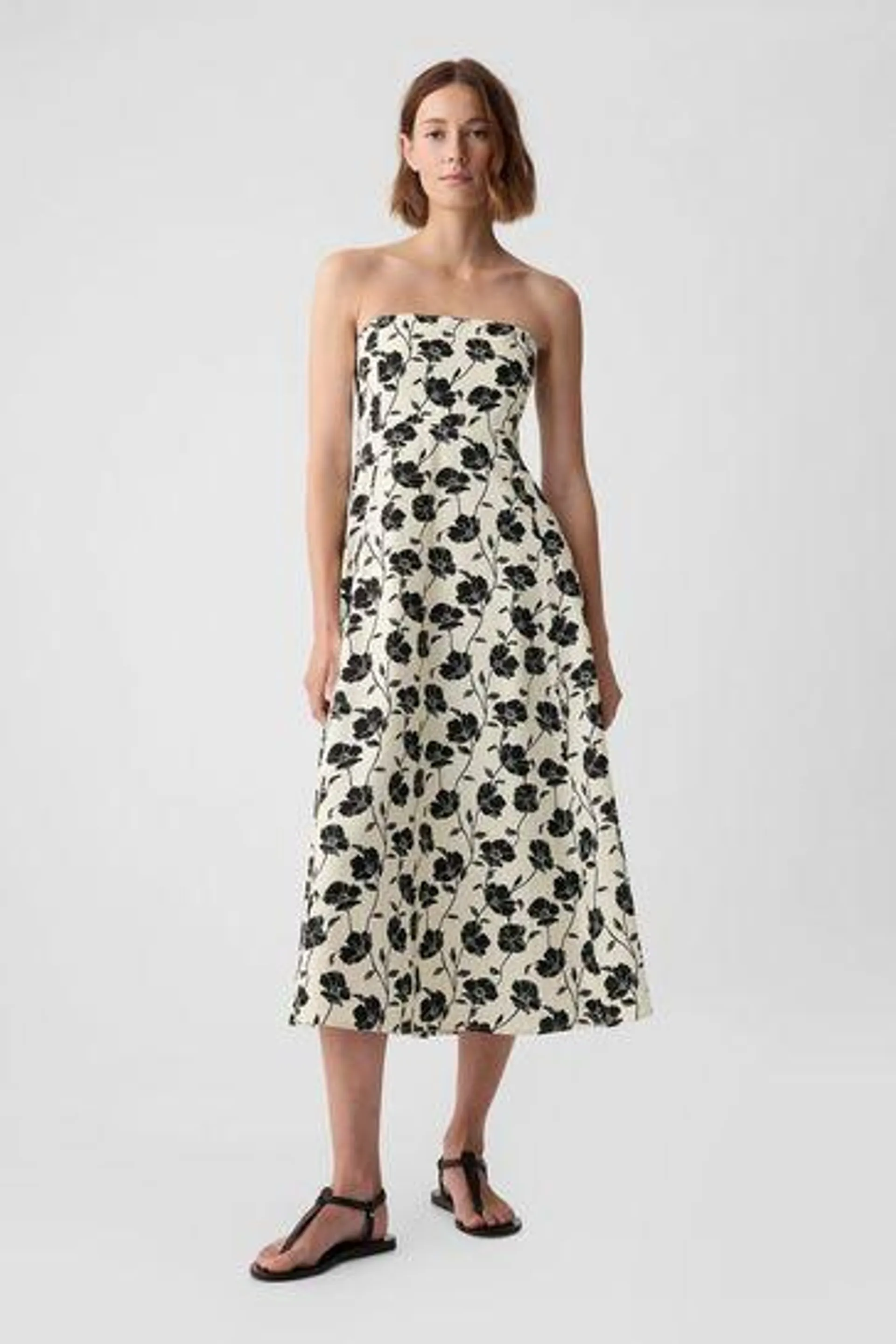 Floral Linen-Blend Removable Straps Midi Dress