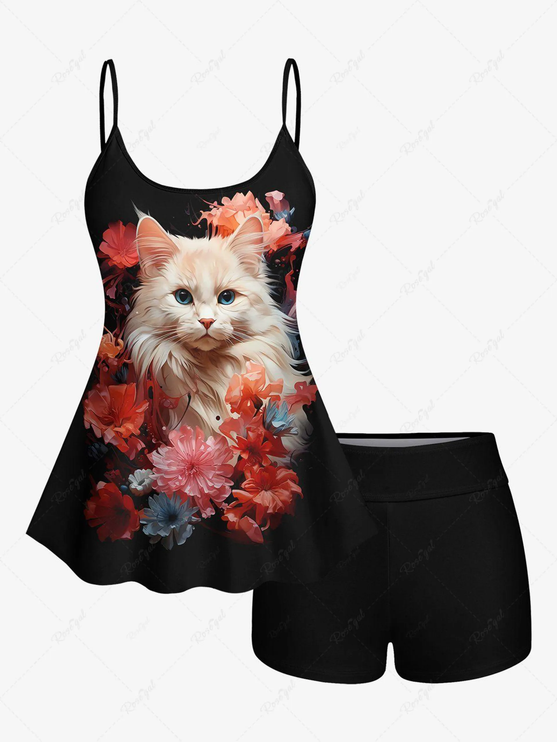 Plus Size Cat Flowers Print Boyshorts Tankini Set - 3x