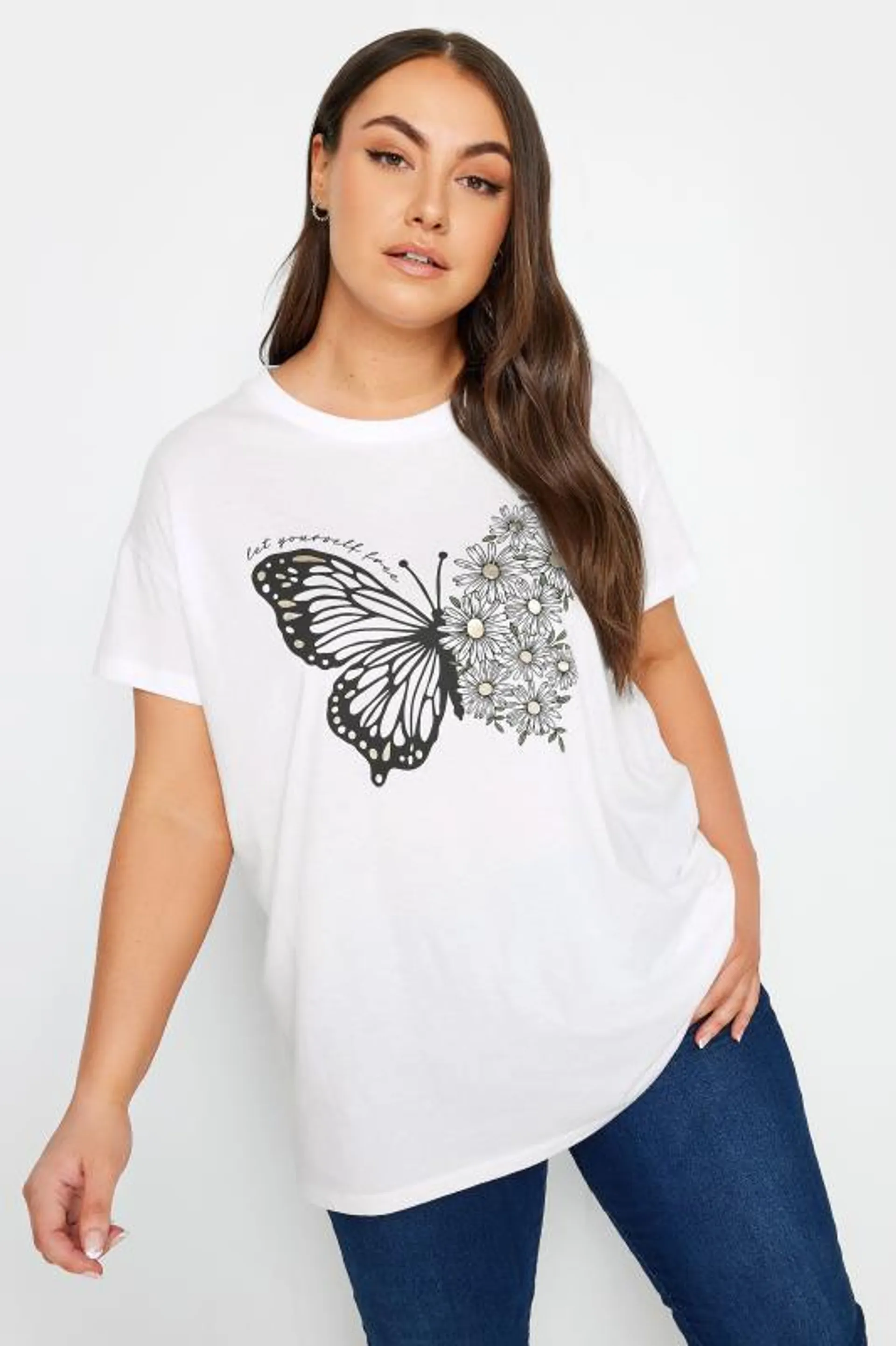 YOURS Curve White Floral Butterfly Print T-Shirt