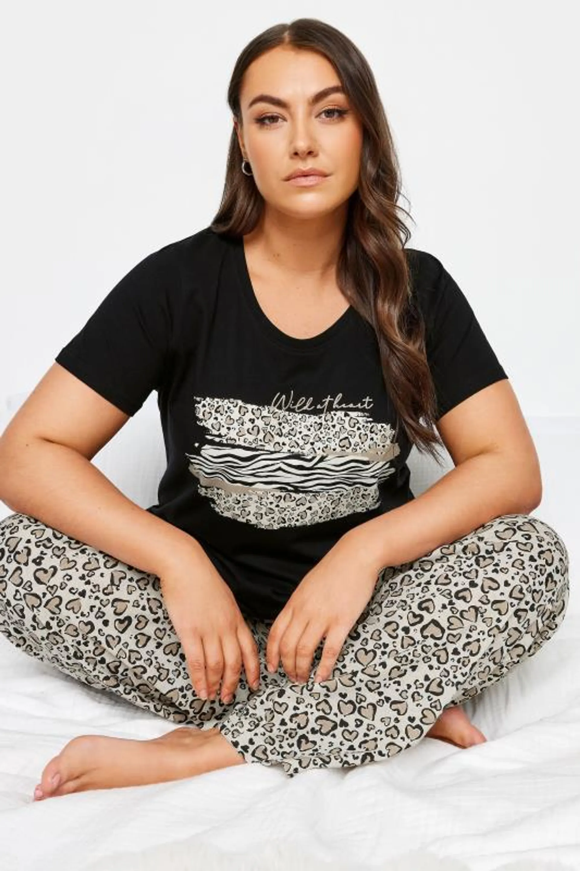 YOURS Curve Black 'Wild At Heart' Animal Print Pyjama Set