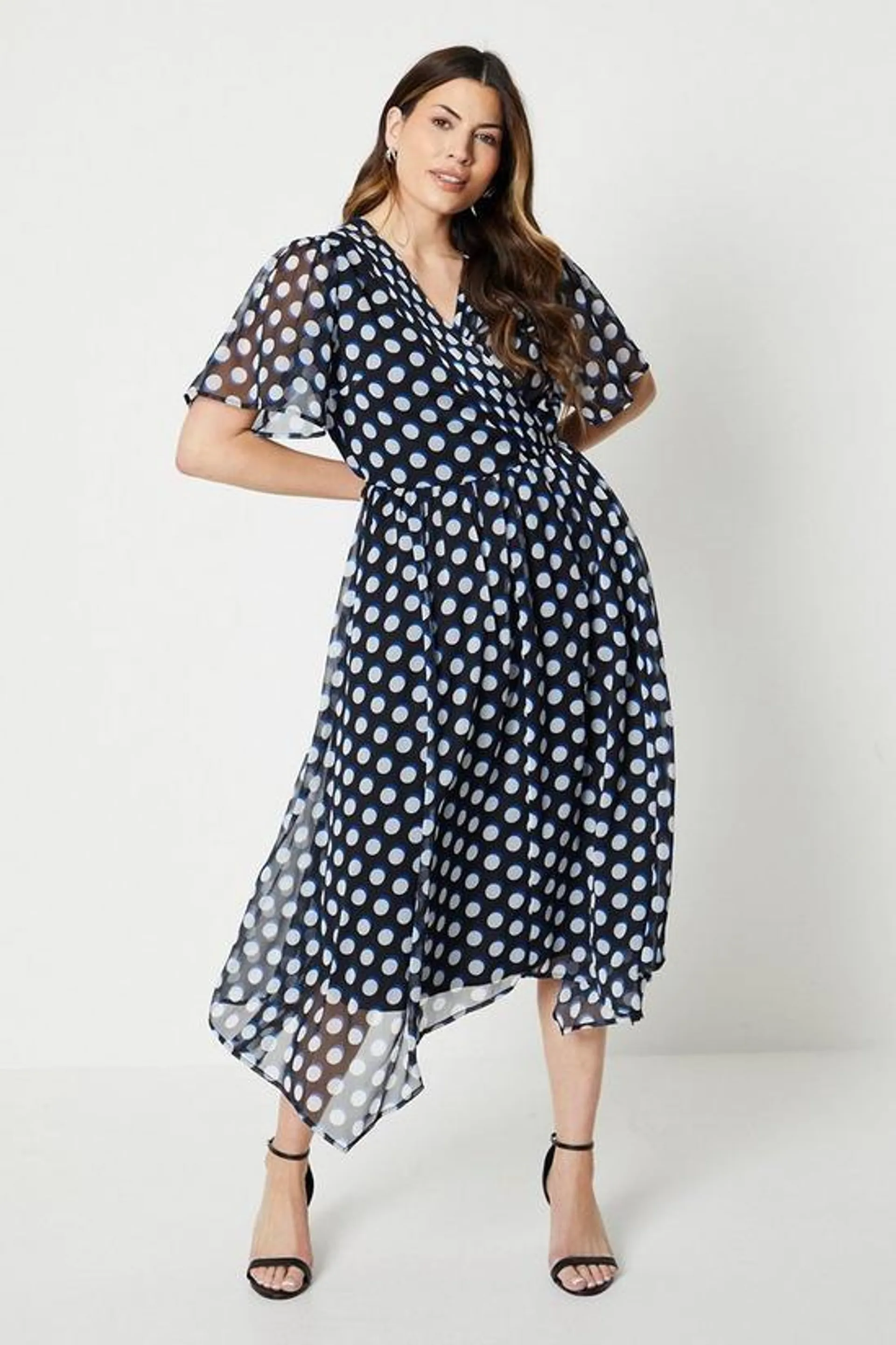 Spot Print Chiffon Pleat Wrap Hanky Hem Midi Dress