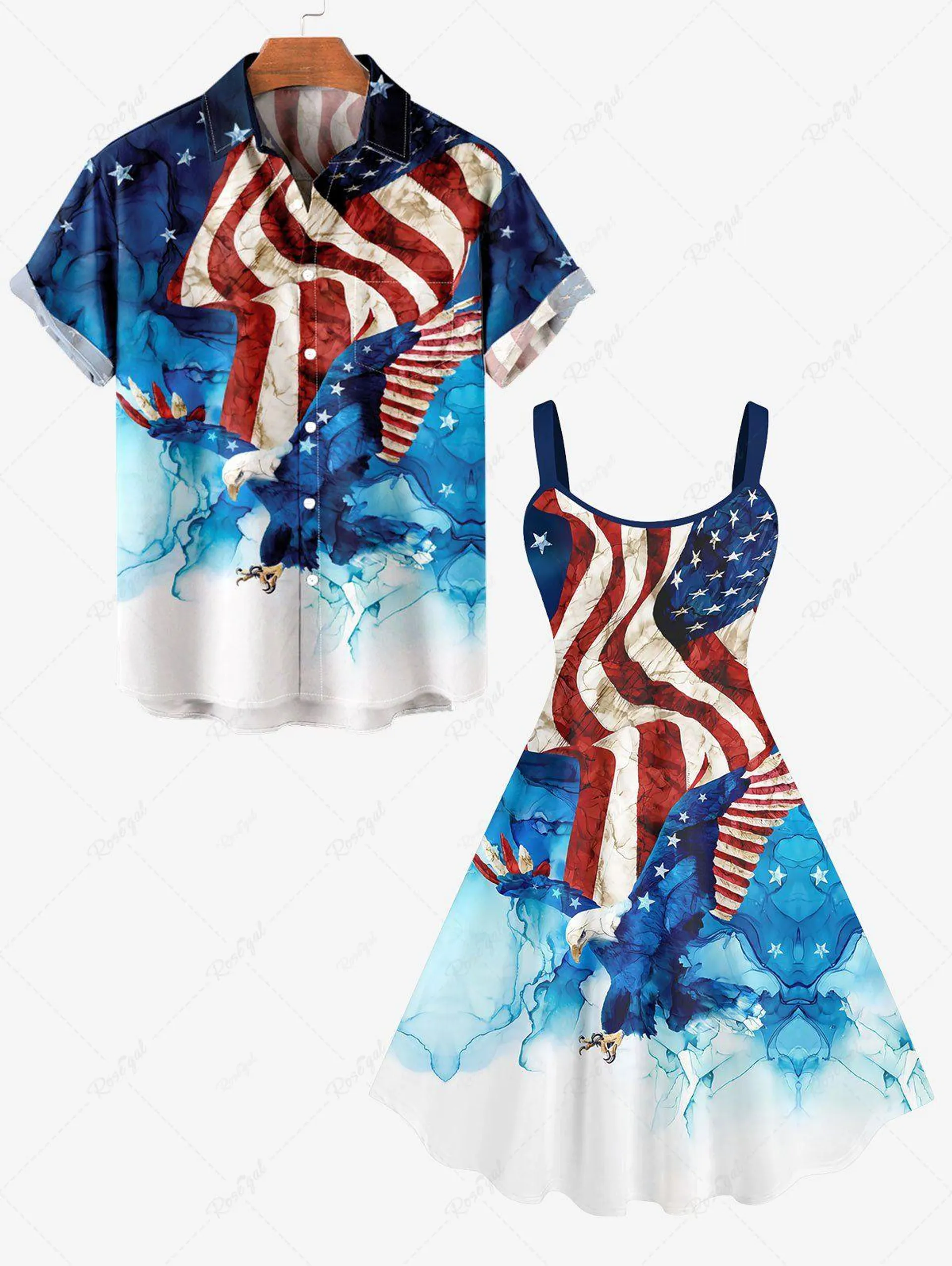 Patriotic American Flag Eagle Watercolor Print Plus Size Matching Outfit For Couples