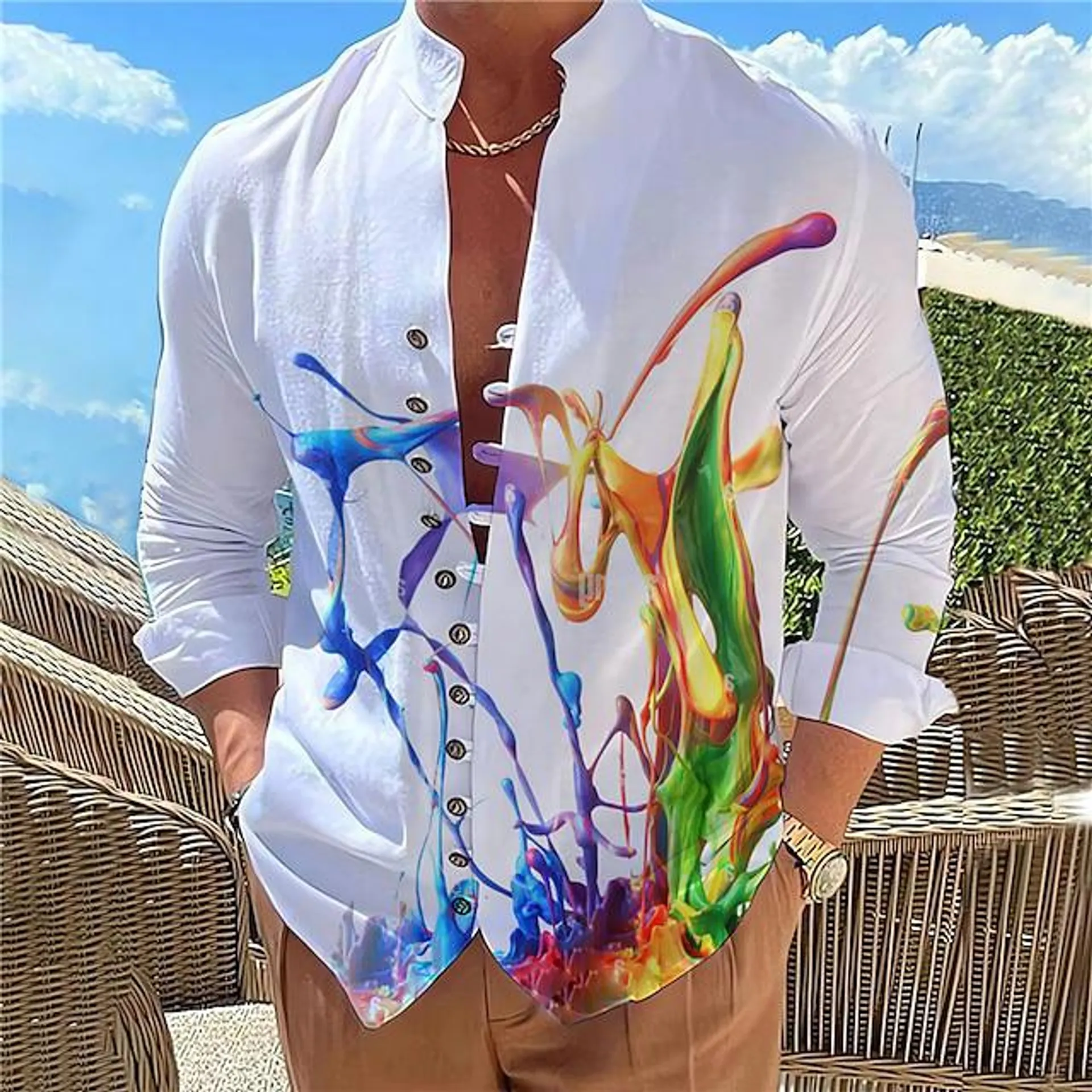 Men's Shirt Gradient Graphic Prints Stand Collar Yellow Blue Green Gray Outdoor Street Long Sleeve Print Clothing Apparel Fashion Designer Casual Comfortable