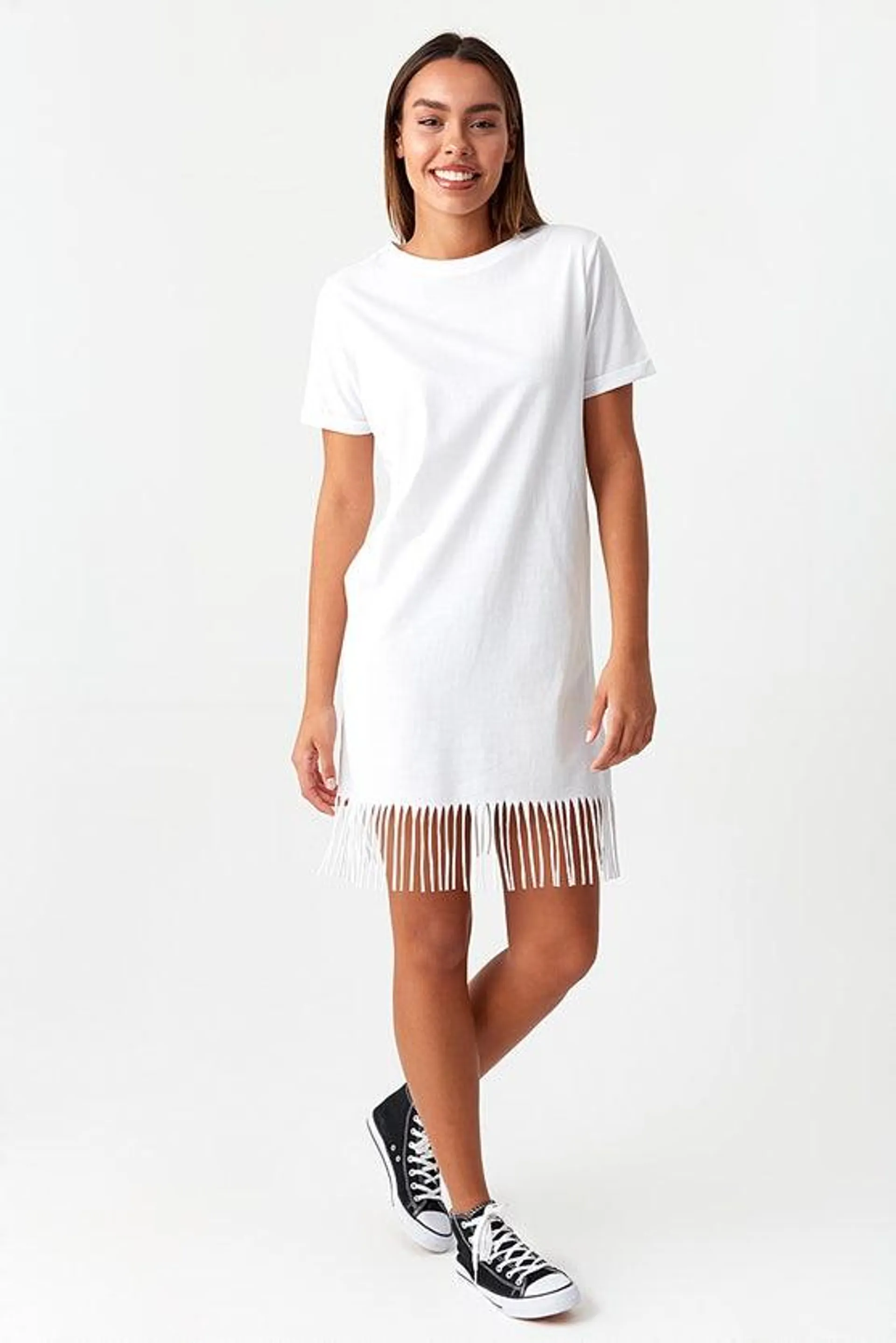 White Fringe T-Shirt Dress