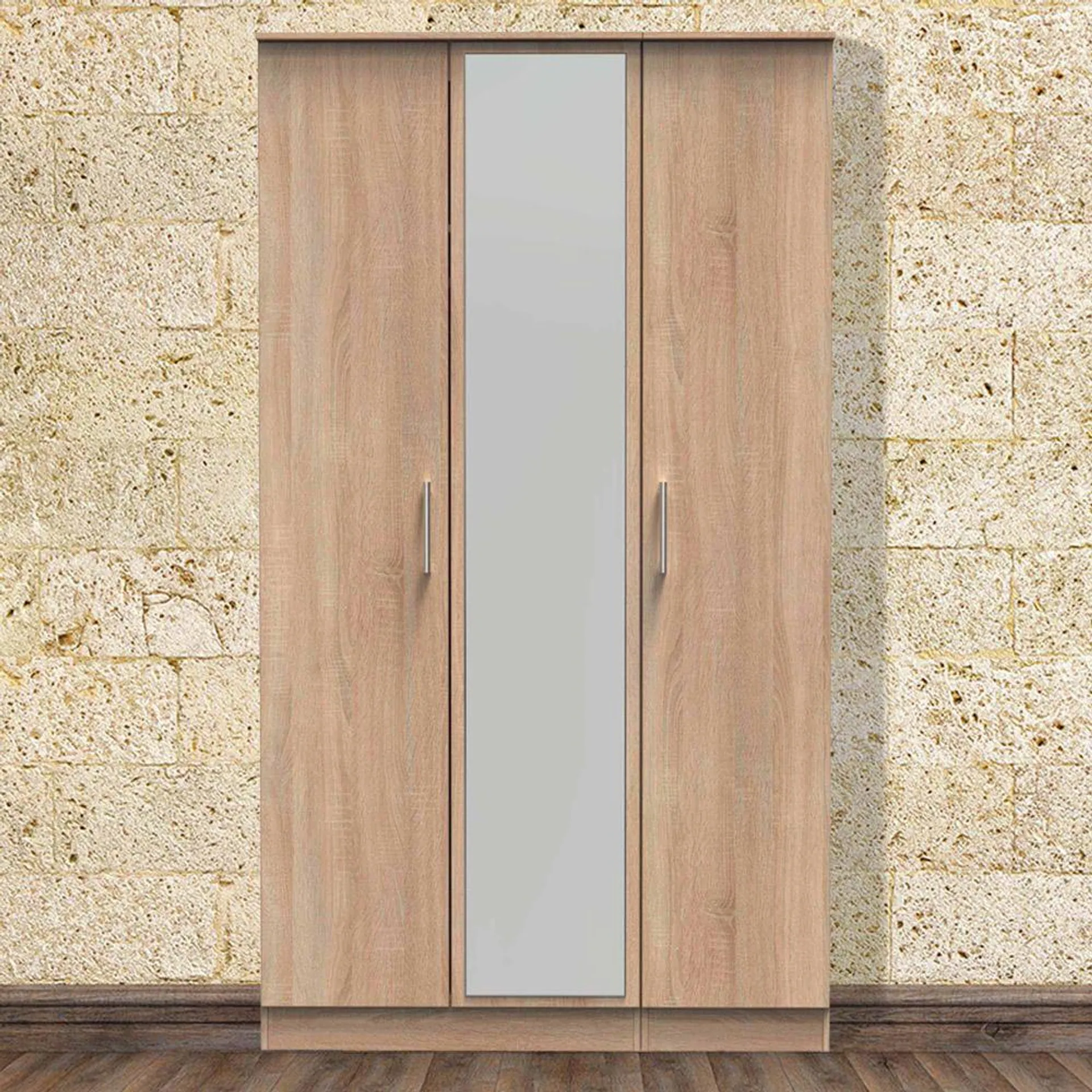 Crowndale Devon Ready Assembled 3 Door Bardolino Oak Mirror Wardrobe