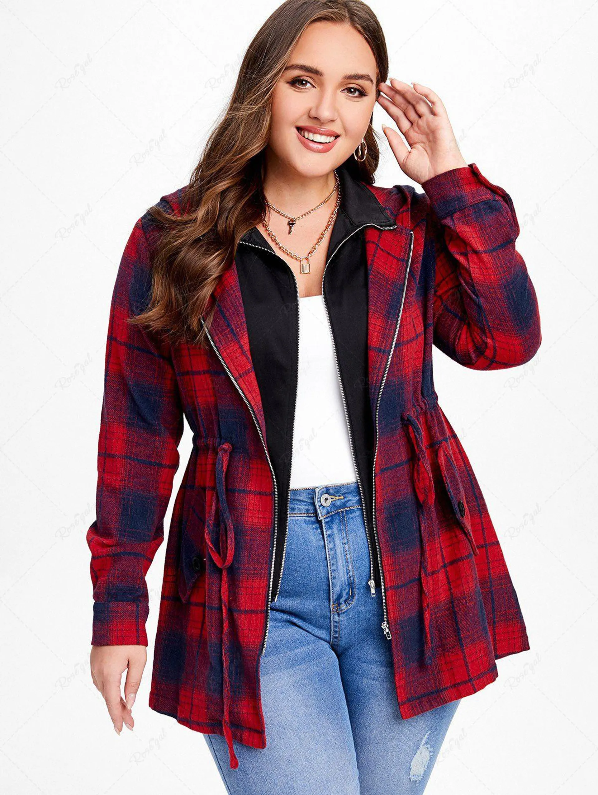 Plus Size Hooded Plaid Drawstring Pocket Zip Coat - 1x | Us 14-16