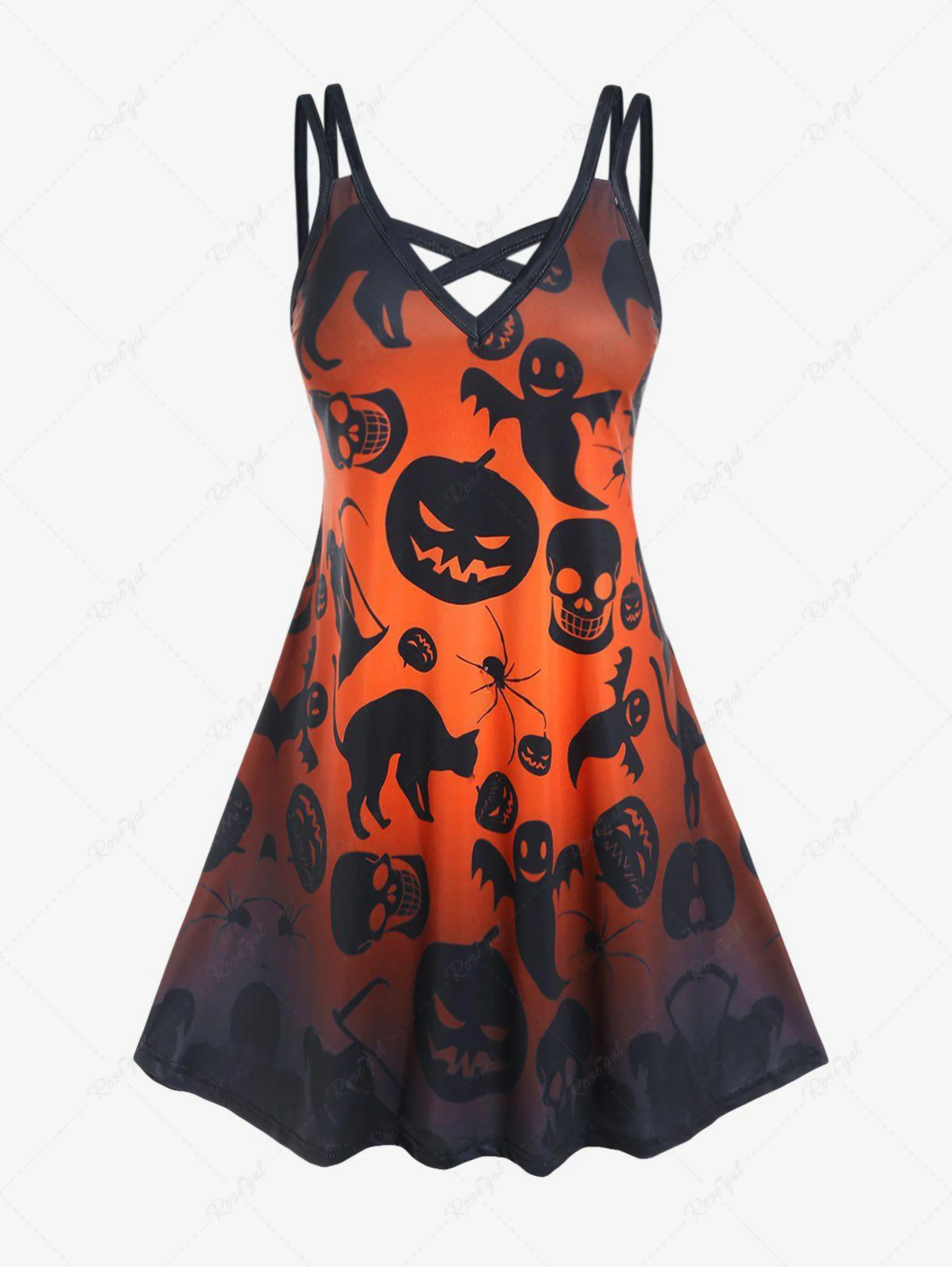 Halloween Pumpkin Ghosts Bats Skulls Printed Crisscross A Line Dress - 2x | Us 18-20