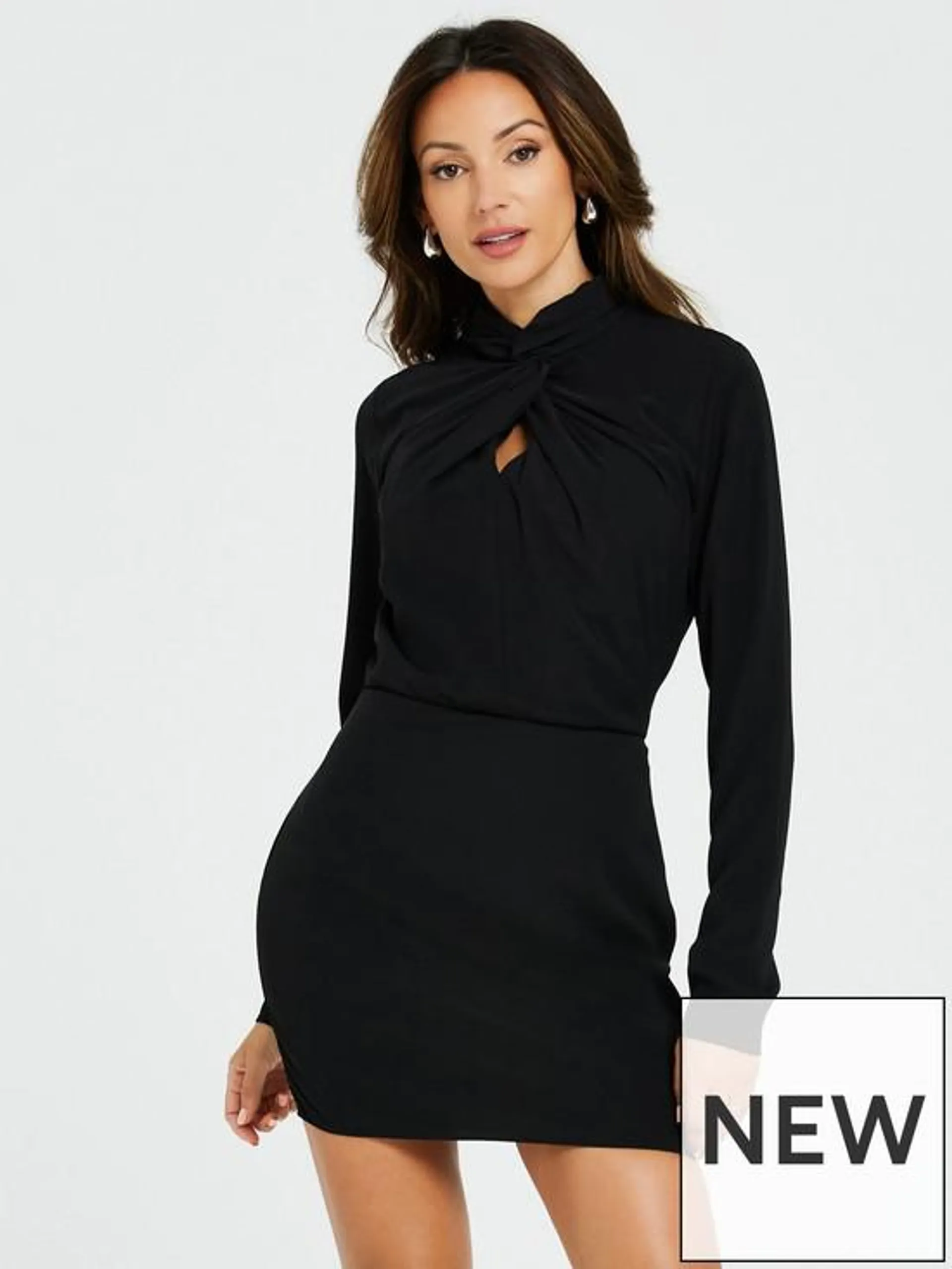 Twist Neck Long Sleeve Mini Dress - Black