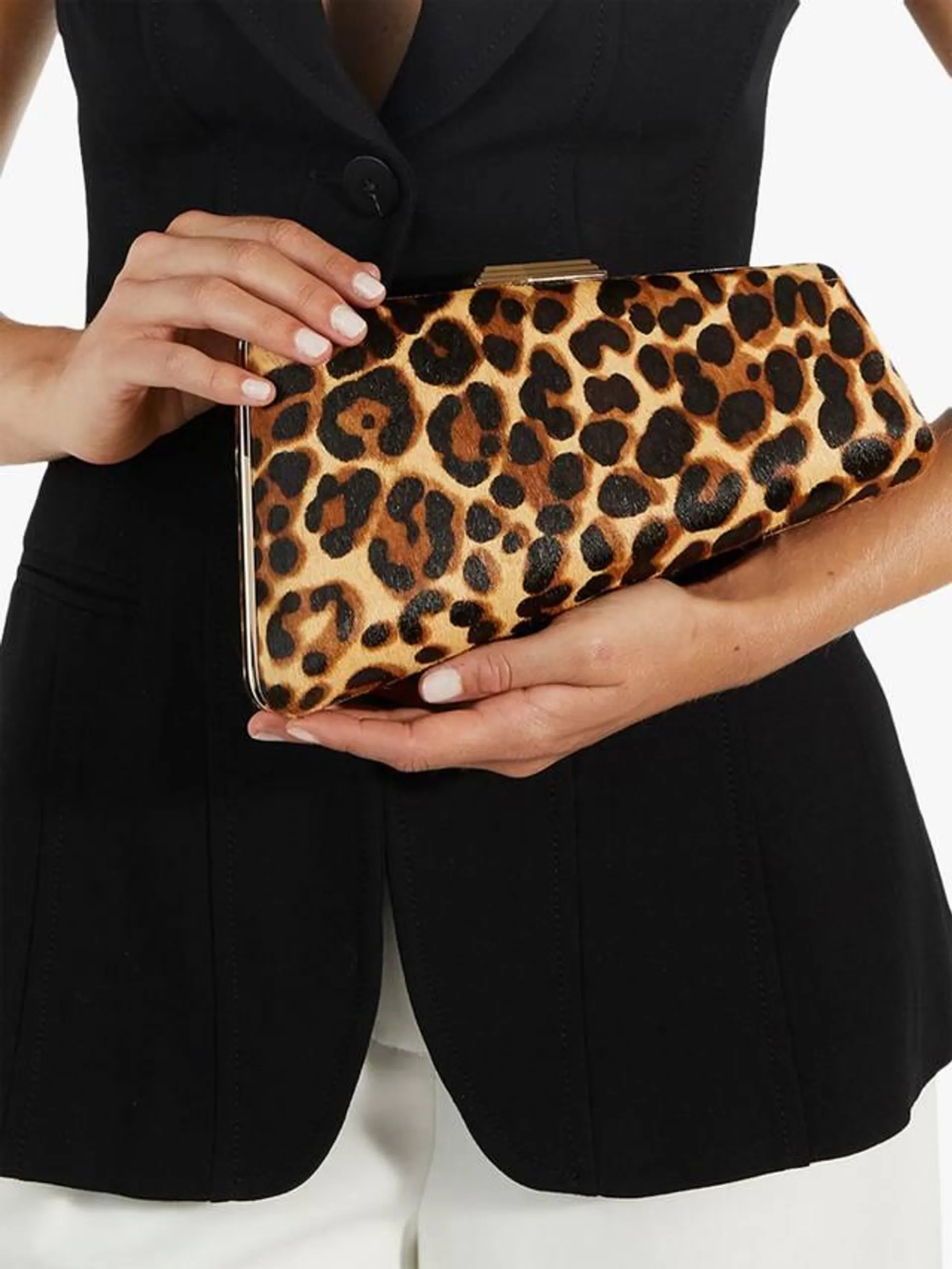 Balancing Leather Leopard Clutch Bag, Multi