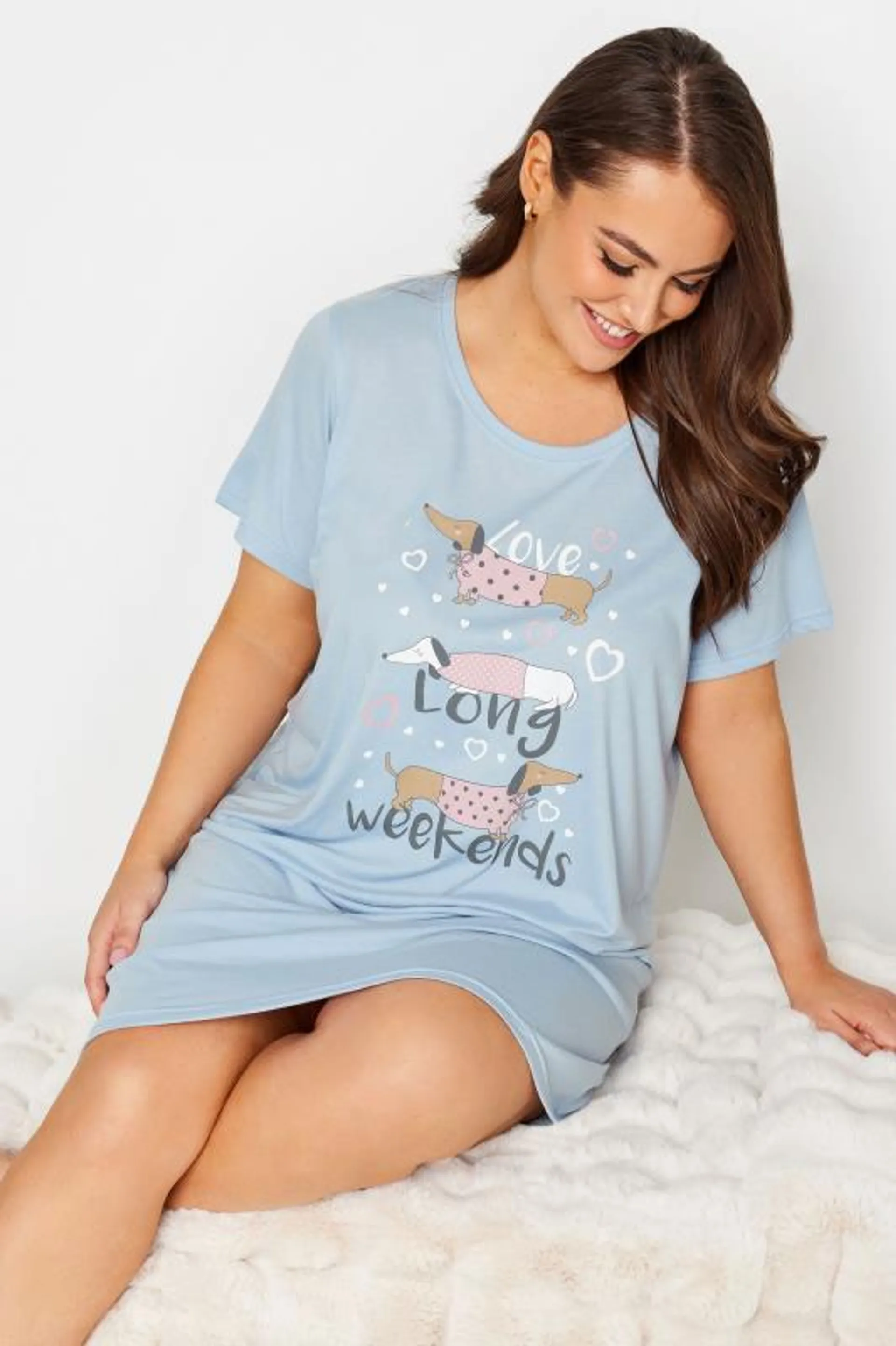 YOURS Curve Blue Dog Print 'Long Weekends' Slogan Nightdress