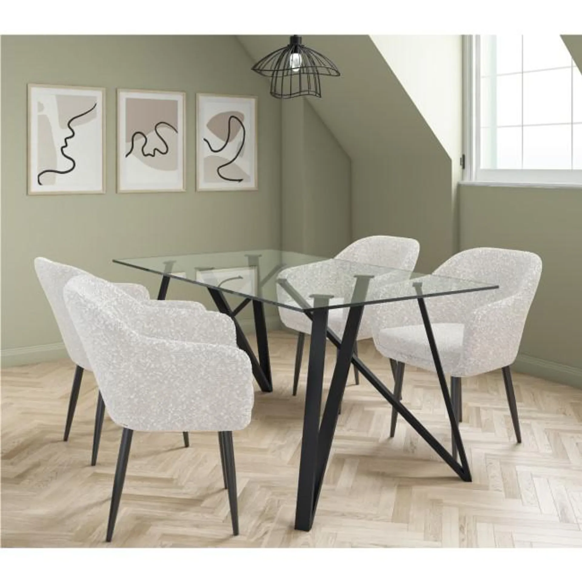 Glass Dining Table Set with 4 Cream Boucle Chairs - Seats 4 - Dax