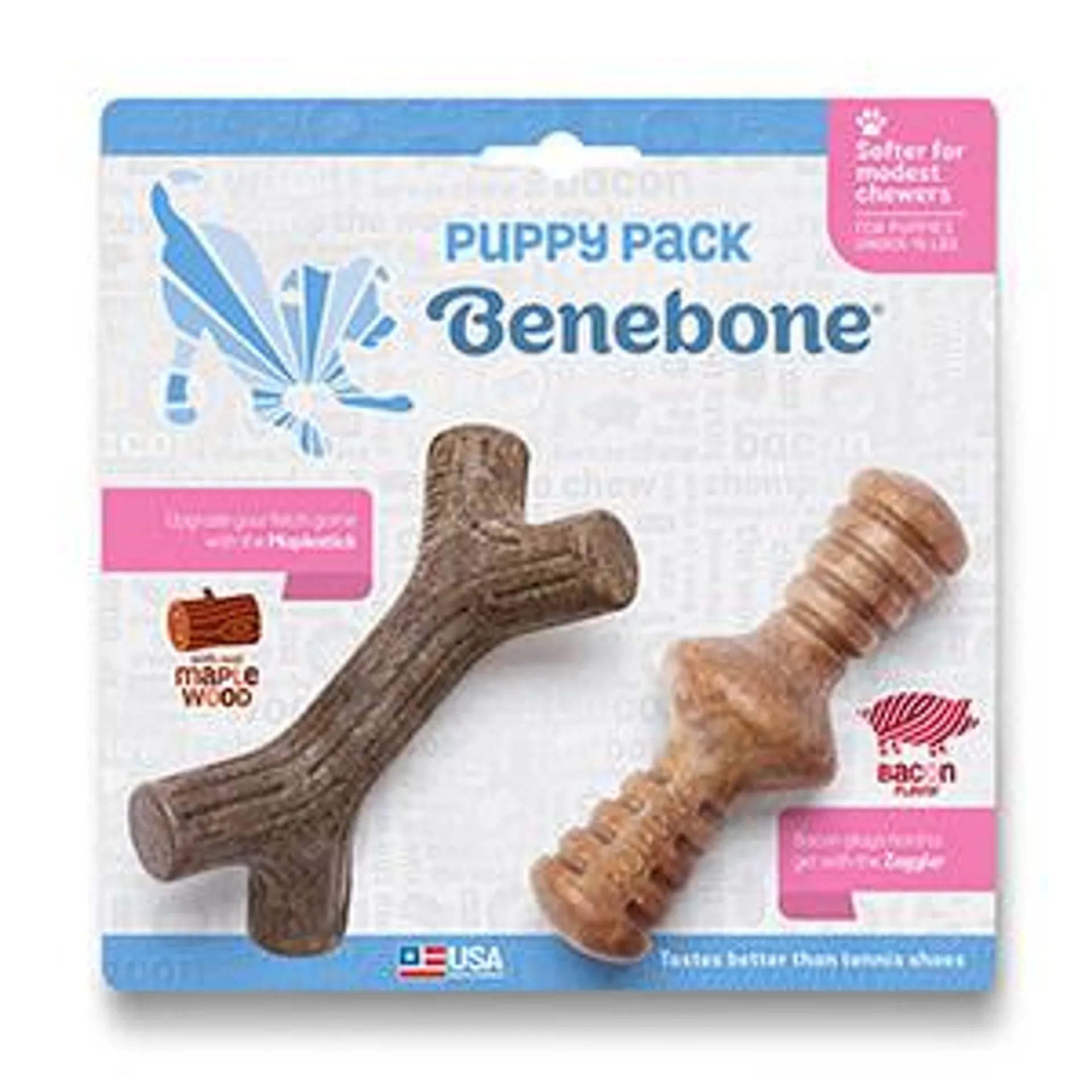 Benebone Puppy Chew Toy Bacon X Small 2 Pack