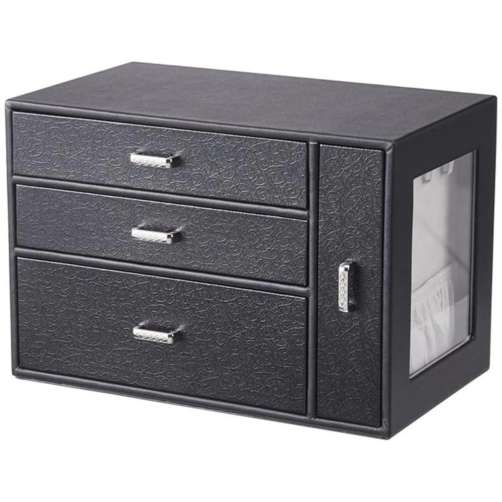 H&O Direct 4 Drawer Black Jewellery Box with Side Display Window