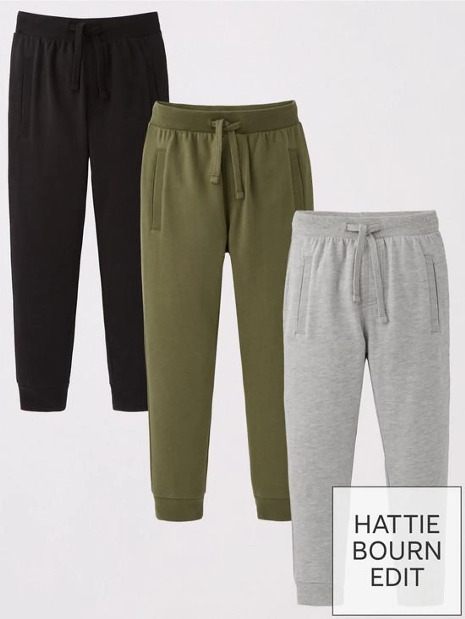 Everyday X Hattie Bourn Boys Cotton Rich 3 Pack Joggers - Black/Charcoal/Khaki