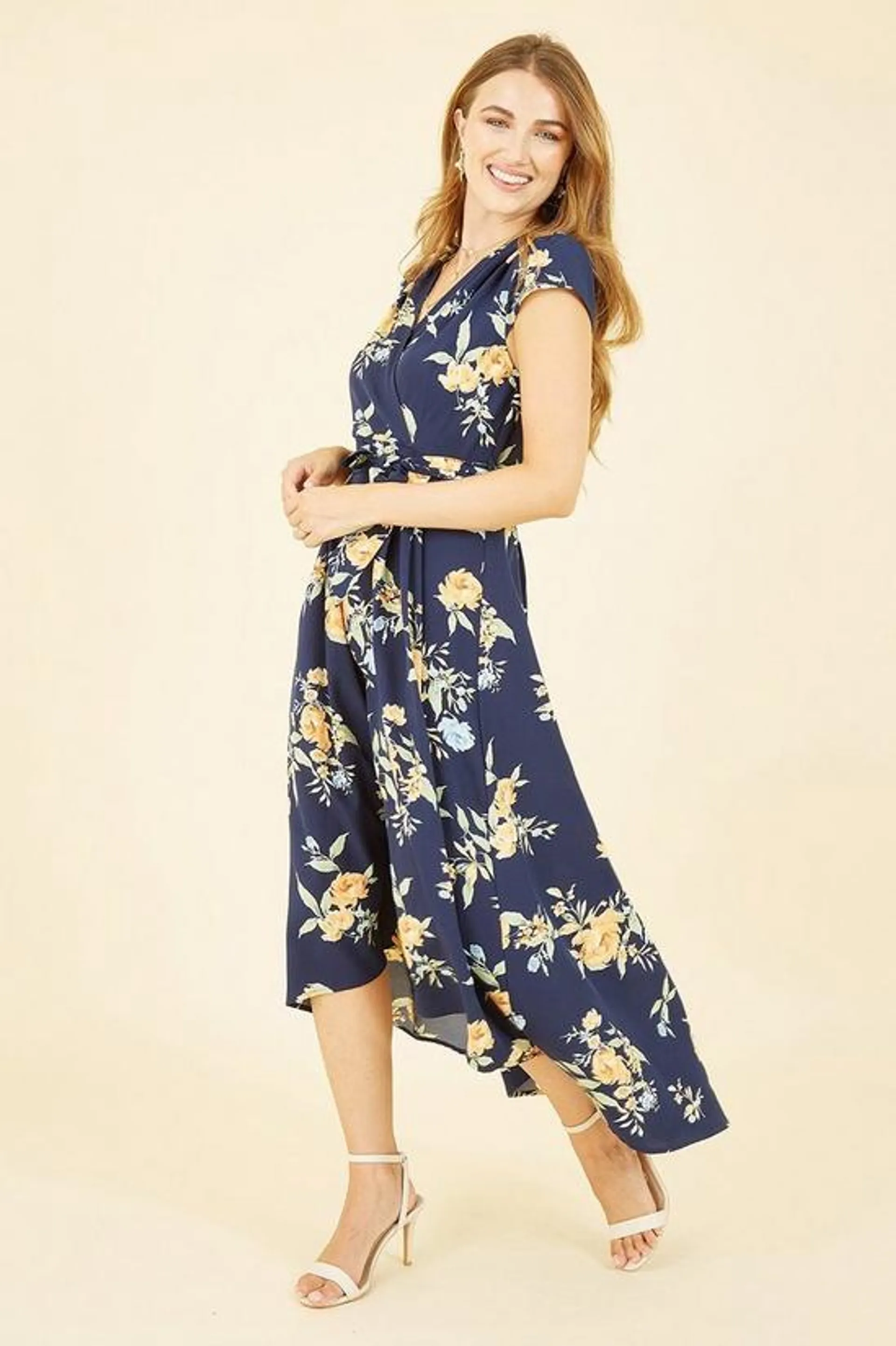 Navy Floral Print Dipped Hem Wrap Dress