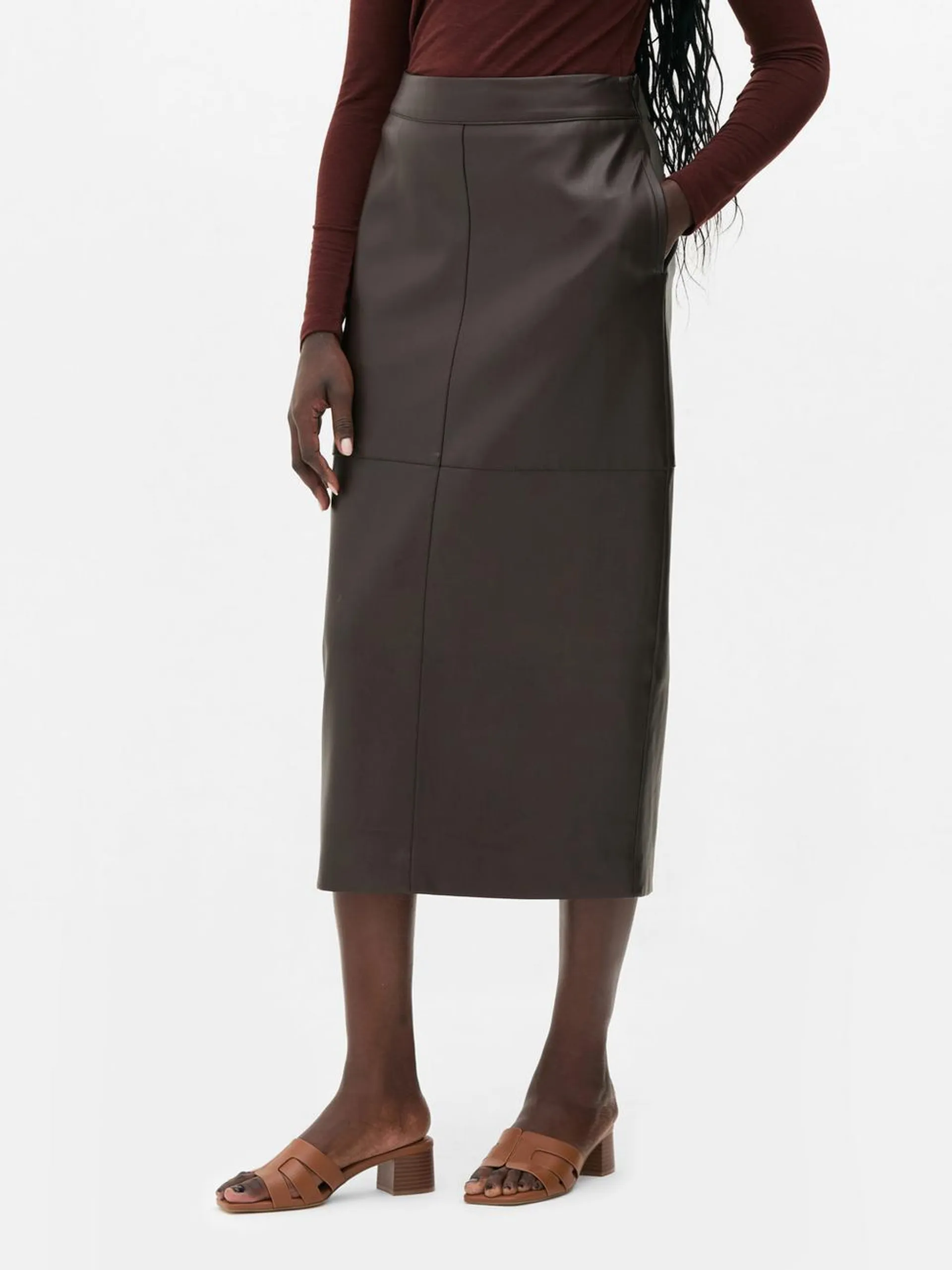 The Edit Faux Leather Midi Skirt