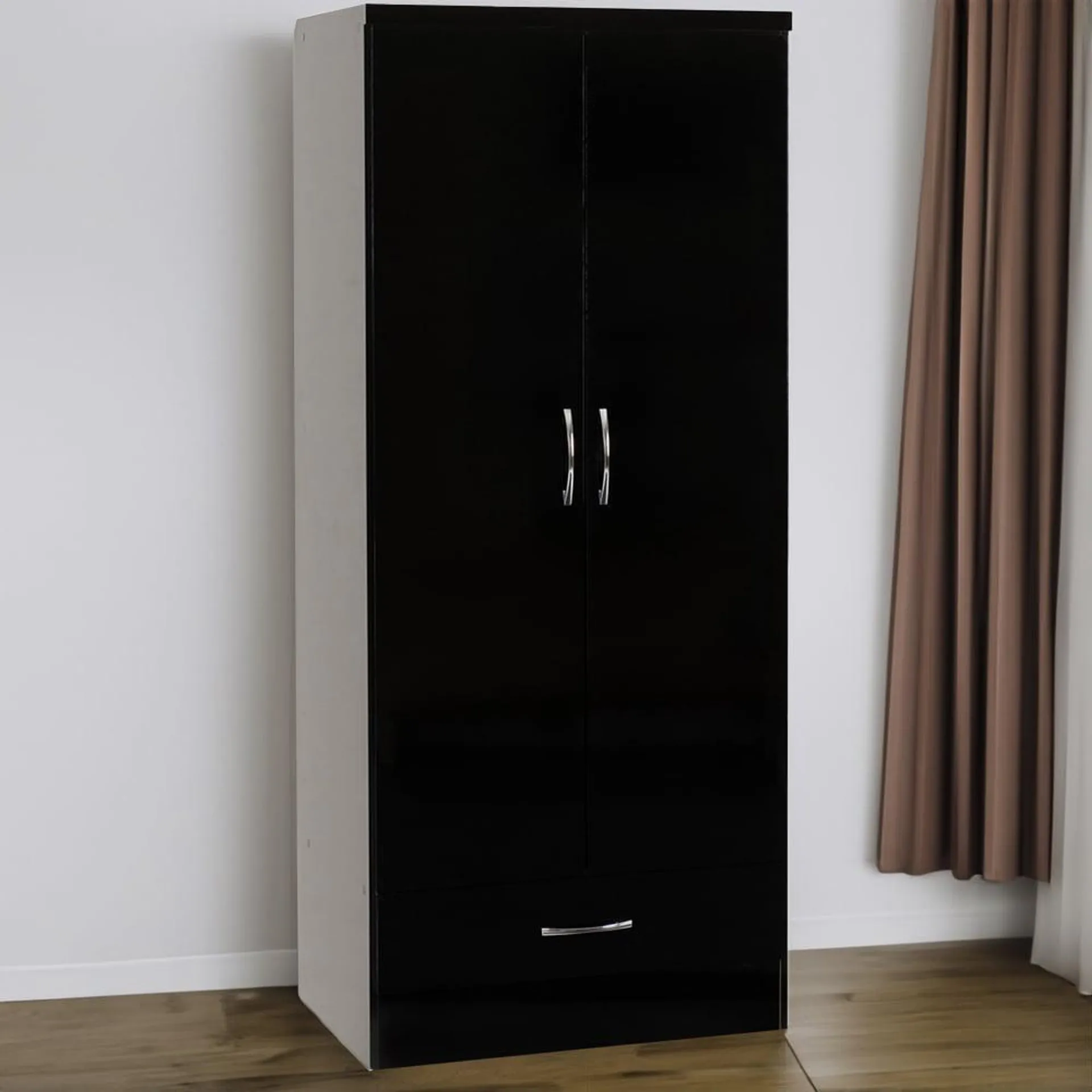 Seconique Nevada 2 Door Single Drawer Black Gloss Wardrobe