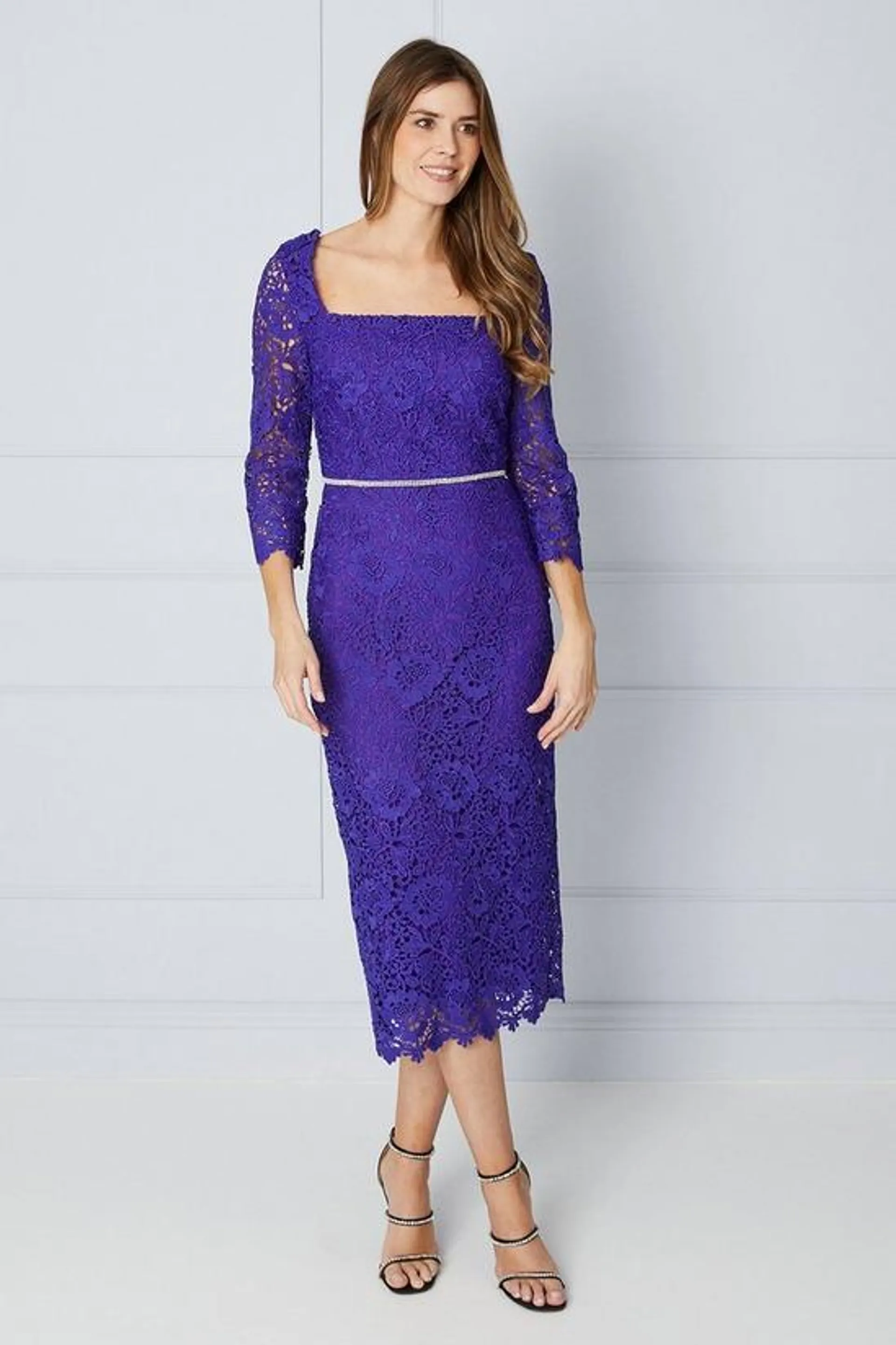 Tall Premium Lace Embellished Waist Midi Dress