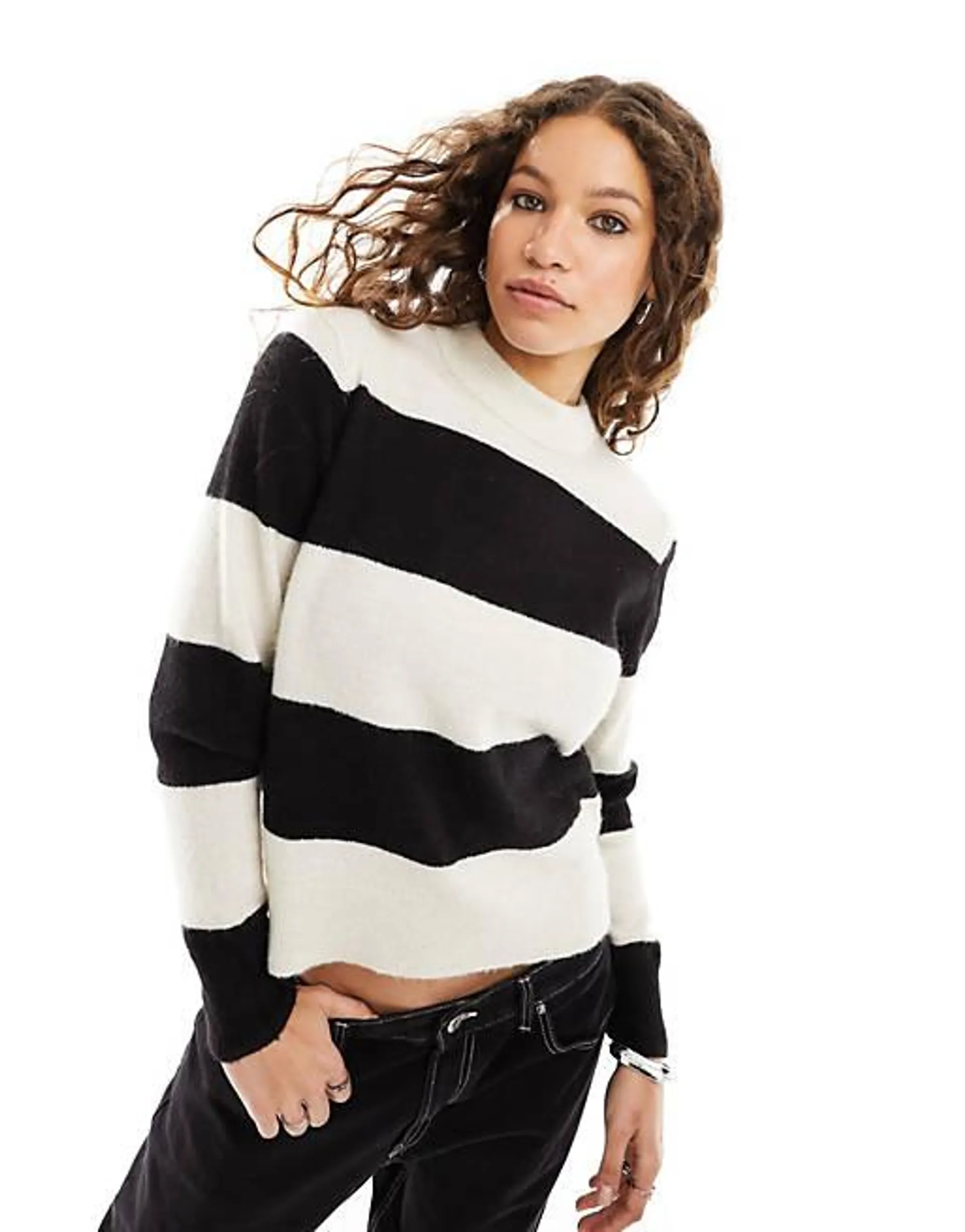 JJXX cream and black striped crew neck knit jumper