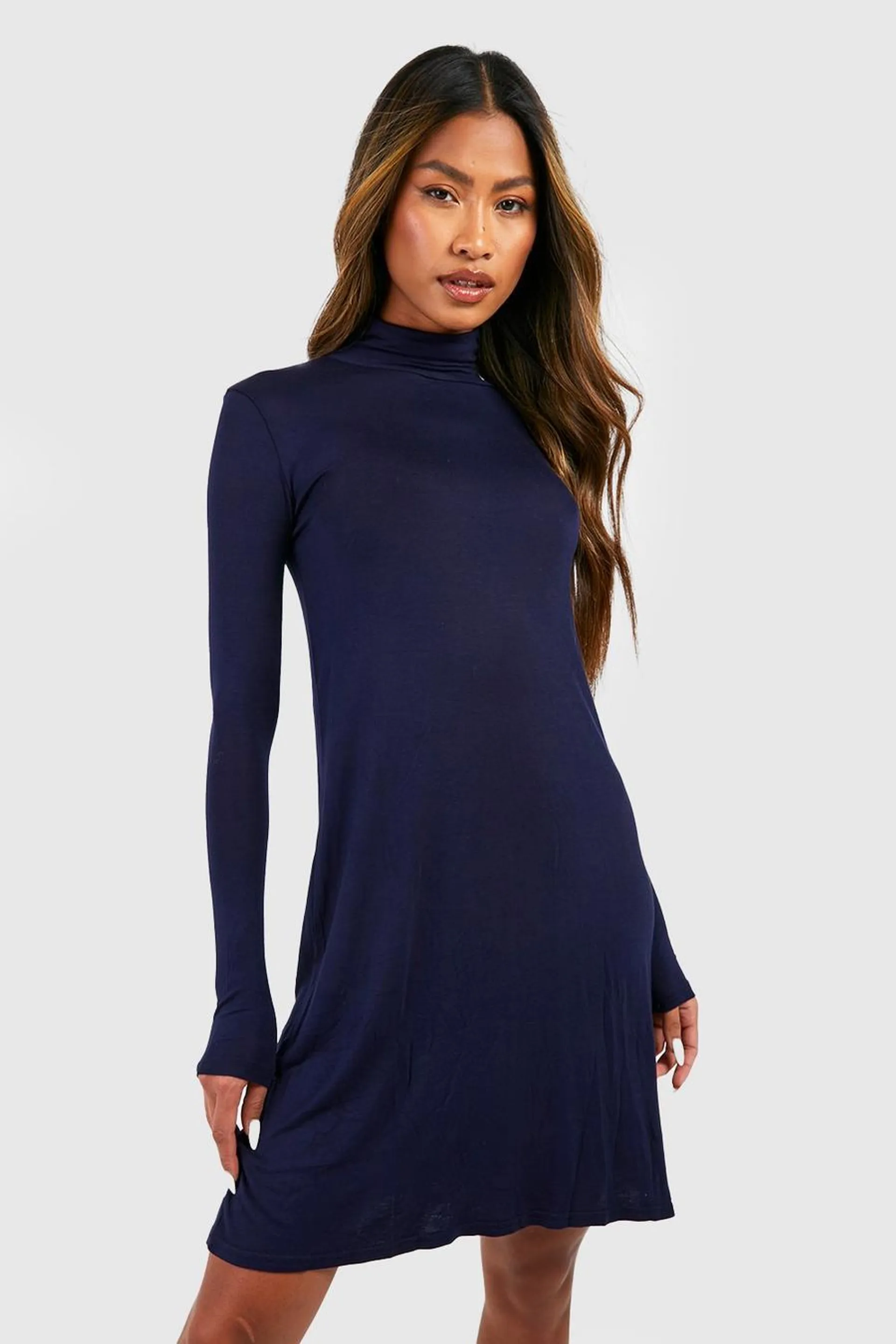 Basic Roll Neck Long Sleeve Swing Dress