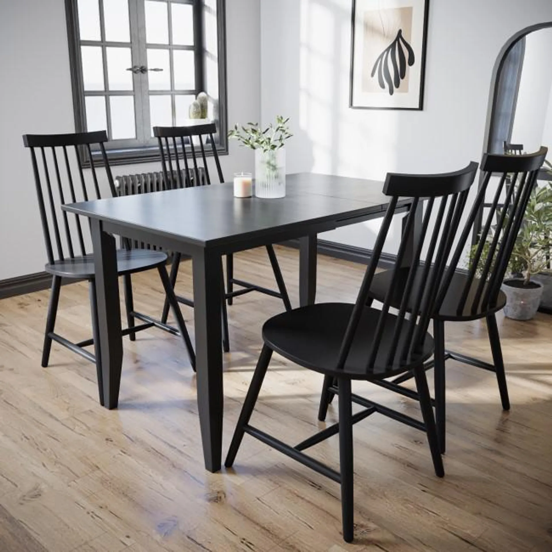 Drop Leaf Black Dining Table with 4 Black Spindle Dining Chairs - Olsen